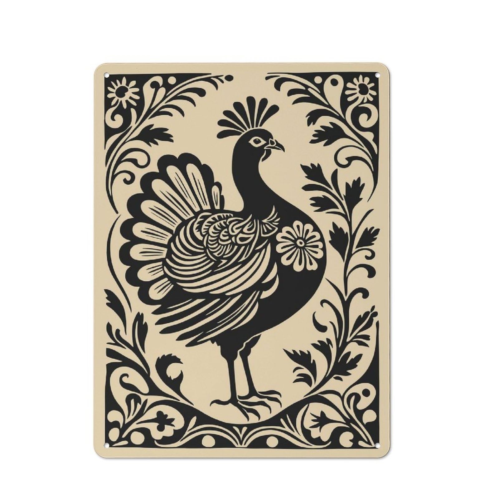 Junmoney Style-12 Peacock Silhouette With Floral Border Classic Metal Wall Decor 40X30cm, Metal Wall Plaque For Hobby Room, Office, Lounge Or Living Room