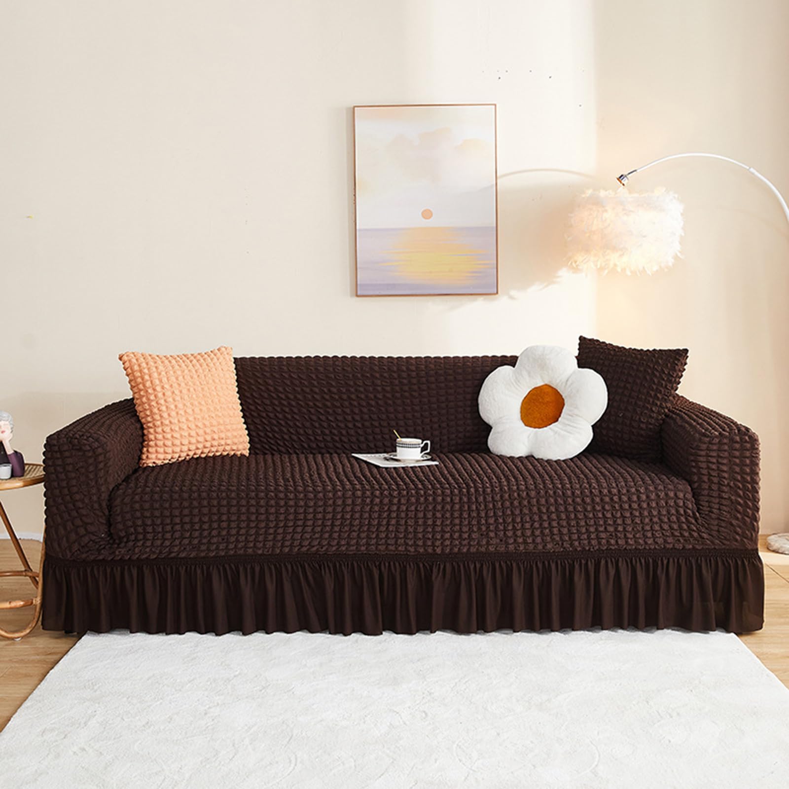JIXINHEKEJI Stretch Seersucker Sofa Cover Instant Makeover, Non-Slip Soft Washable Couch Slipcover With Elastic Bottom And Skirt, Furniture Protector For (Size:4 seaters (235-300cm),Color:Dark Coffee)