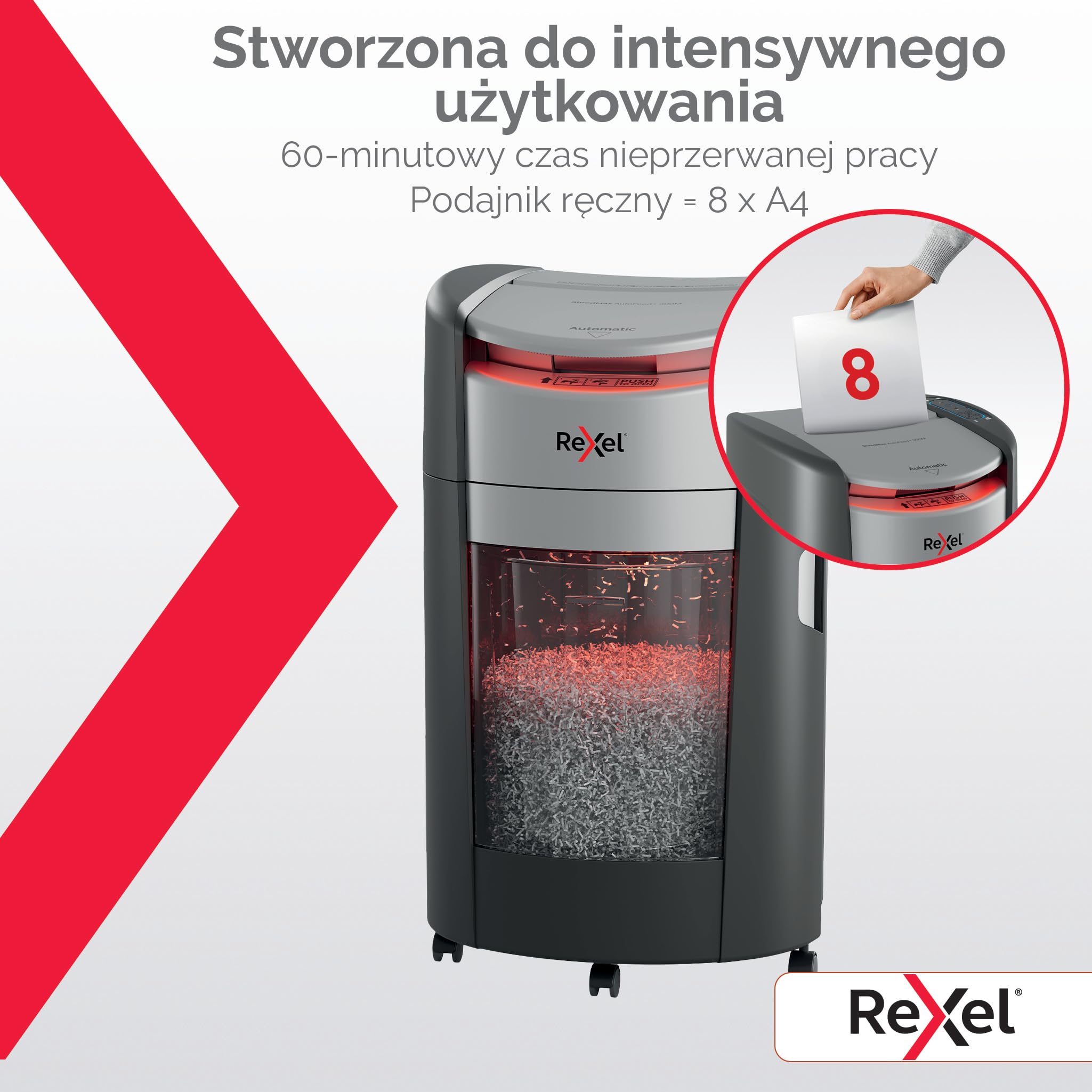 Rexel ShredMax AutoFeed+ 300M niszczarka mikrościnek P5, 300 kartek | Biuro i praca w domu, ochrona RODO, Bin Rotation, <55 dBA, 60 min pracy ciągłej, pojemnik 25 l, kółka, A4