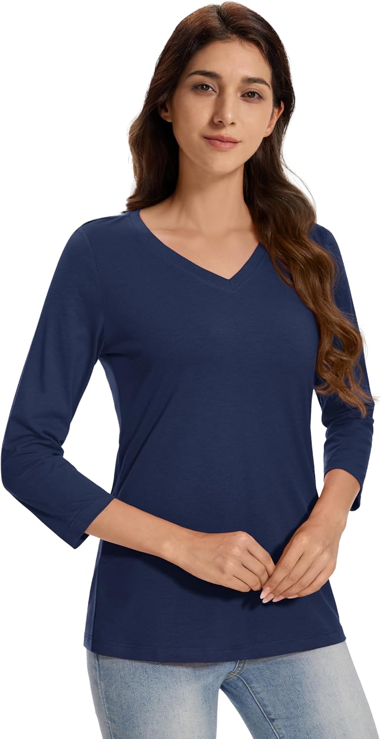 MAGCOMSEN 3/4 Sleeve T Shirts for Women V Neck Tshirts Cotton UPF50+ Summer Tops Casual T-Shirts Basic Tees 2025 - Image 2
