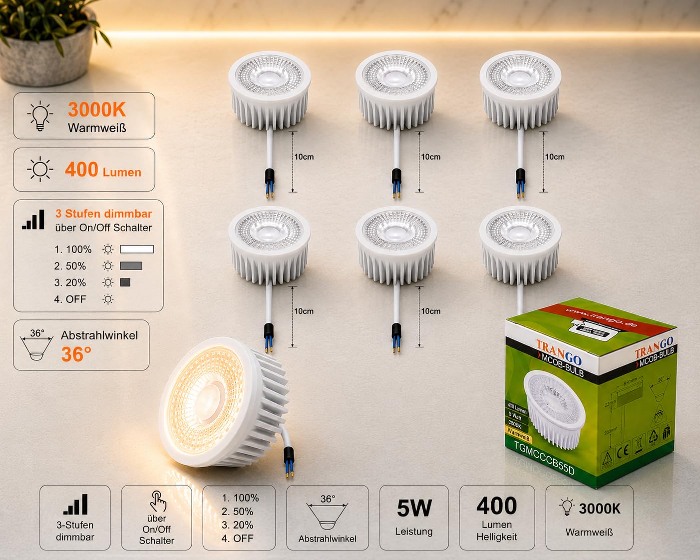 Trango 6er Set Design LED Einbaustrahler 6729R-06MCOBSD inkl. 6x 3 Stufen dimmbar 5 Watt LED Modul Ultra flach 3000k warmweiß Einbauleuchte, Deckenleuchte aus Kristall Glas & Alu Einbauspots