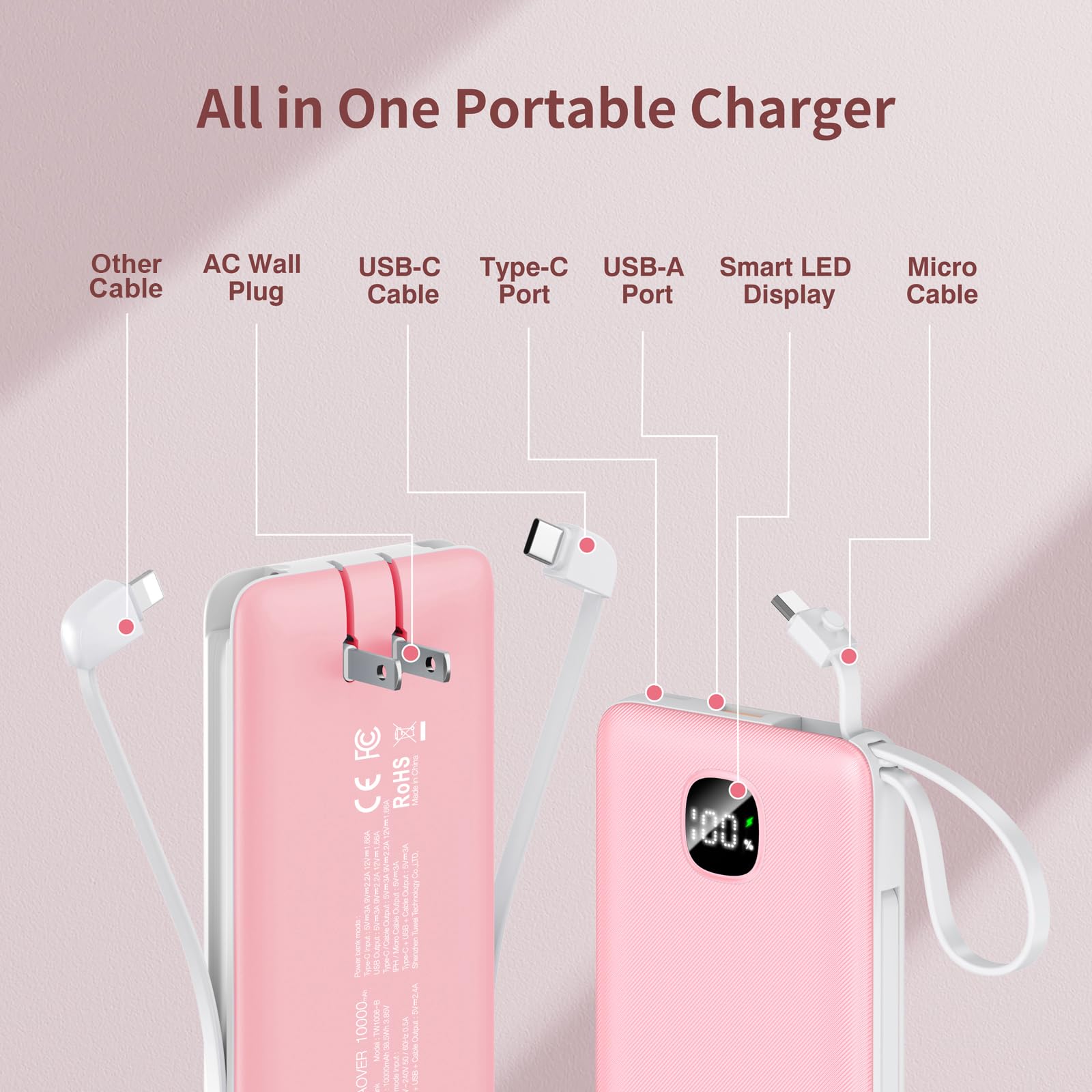 penaover Cargador portátil con cables integrados y enchufe de pared de CA, delgado 10000 mAh, 22,5 W, batería externa USB-C de 5 salidas, 2 entradas, compatible con iPhone, Samsung, Android, etc