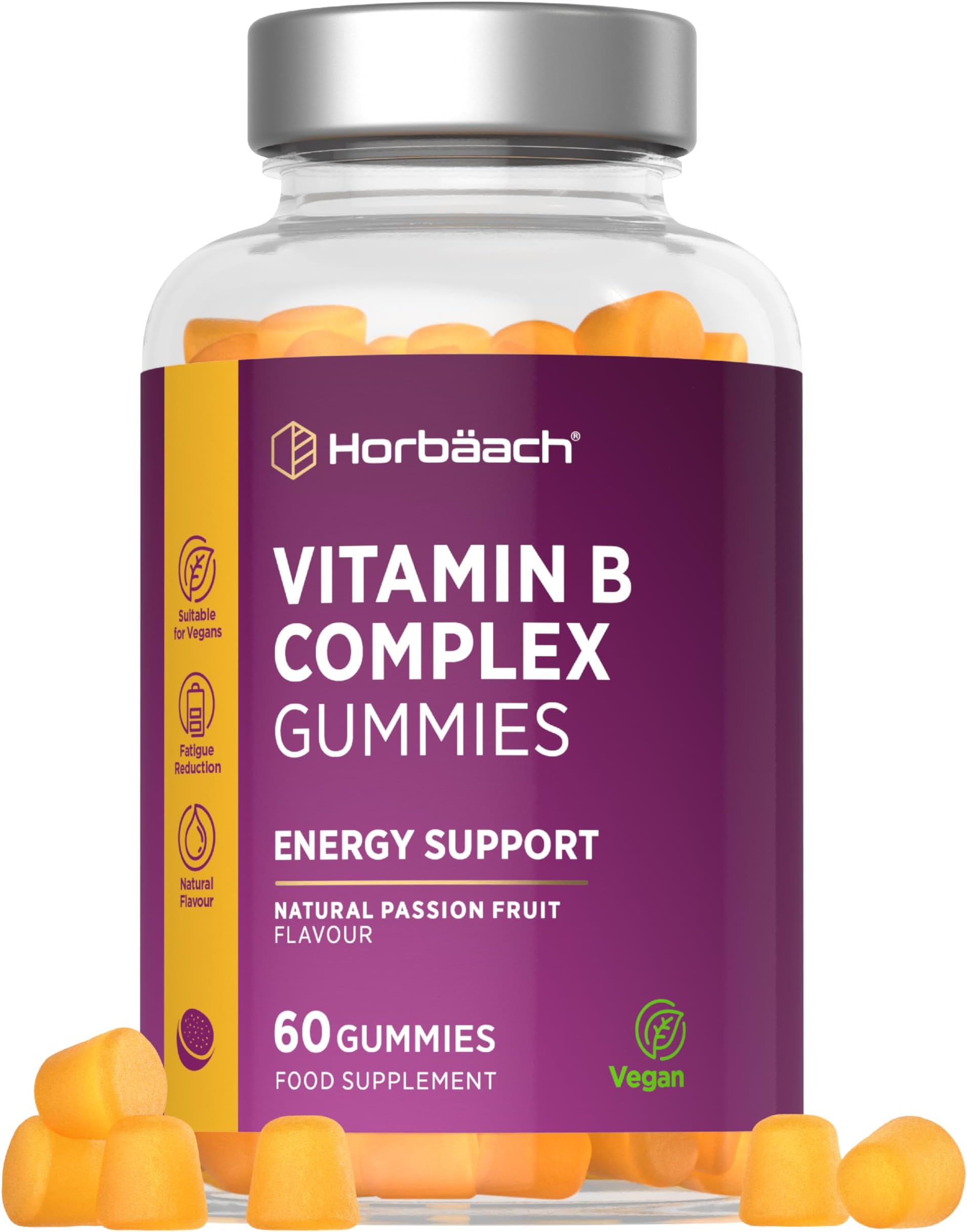 Vitamin B Complex Gummies | 60 Count - Tablet Alternative | High Strength Supplement with Vitamin B12, B6, B12, B2, B3, B5, Biotin, Folic Acid, Zinc and Iodine | Passion Fruit Flavour | by Horbaach