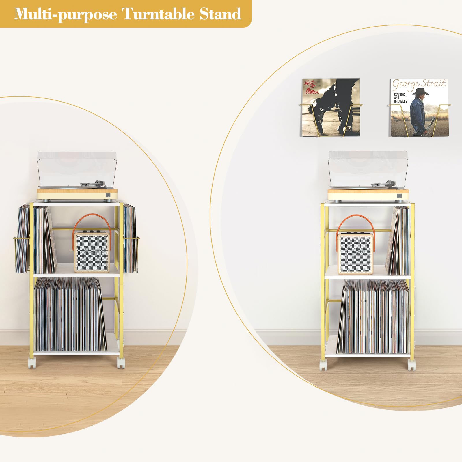 Bikoney Plattenspieler Ständer Rollender Beistelltisch mit Großem Schallplattenständer Vinyl Ständer Wagen für Bis zu 150 Alben Plattenhalter Plattenspieler Tisch mit 2 Vinyl Displays, Gold