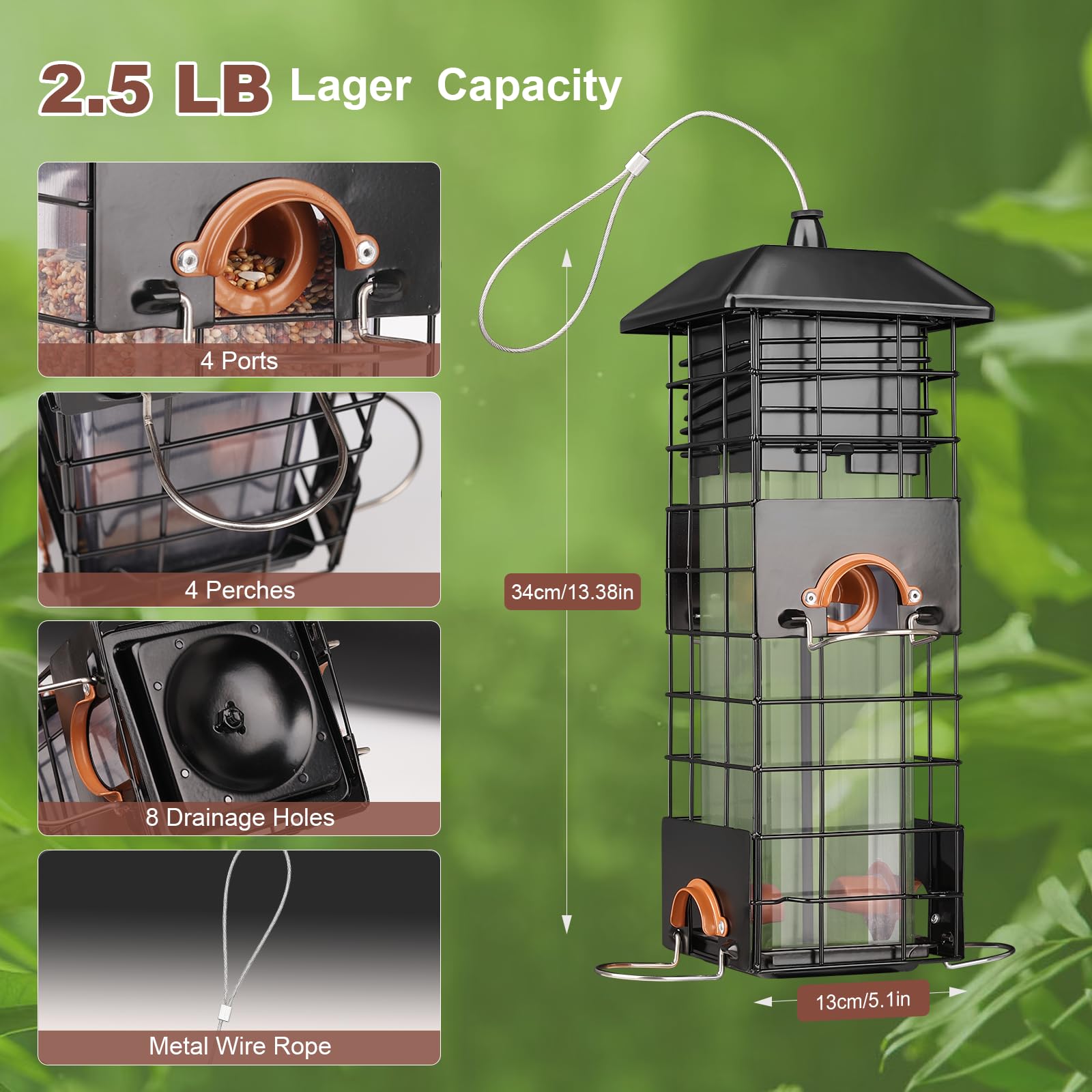 Squirrel Proof Bird Feeder, Metal Bird Feeder for Outdoors 4 Feeding Ports, 2.5lb Large Capacity Wild Bird Feeders - Image 4