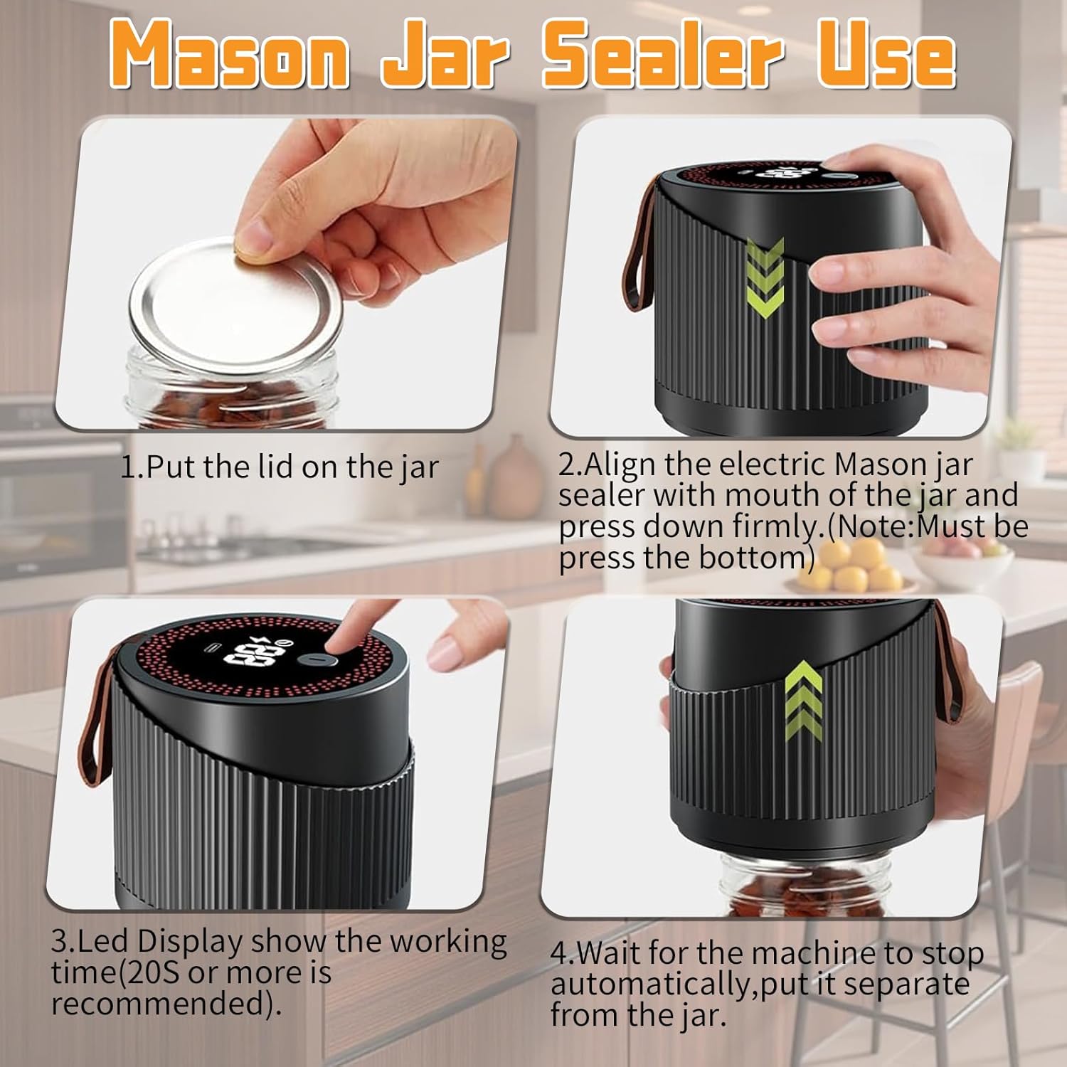 4 IN 1 Mason Jar Vacuum Sealer Kit,Electric Mason Jar Vacuum Sealer,Wide Mouth and Regular Lid, Lid Opener,Wine Stopper Included,for Canning Sealing Preserving Jars,Pickling,Jams Food Storage