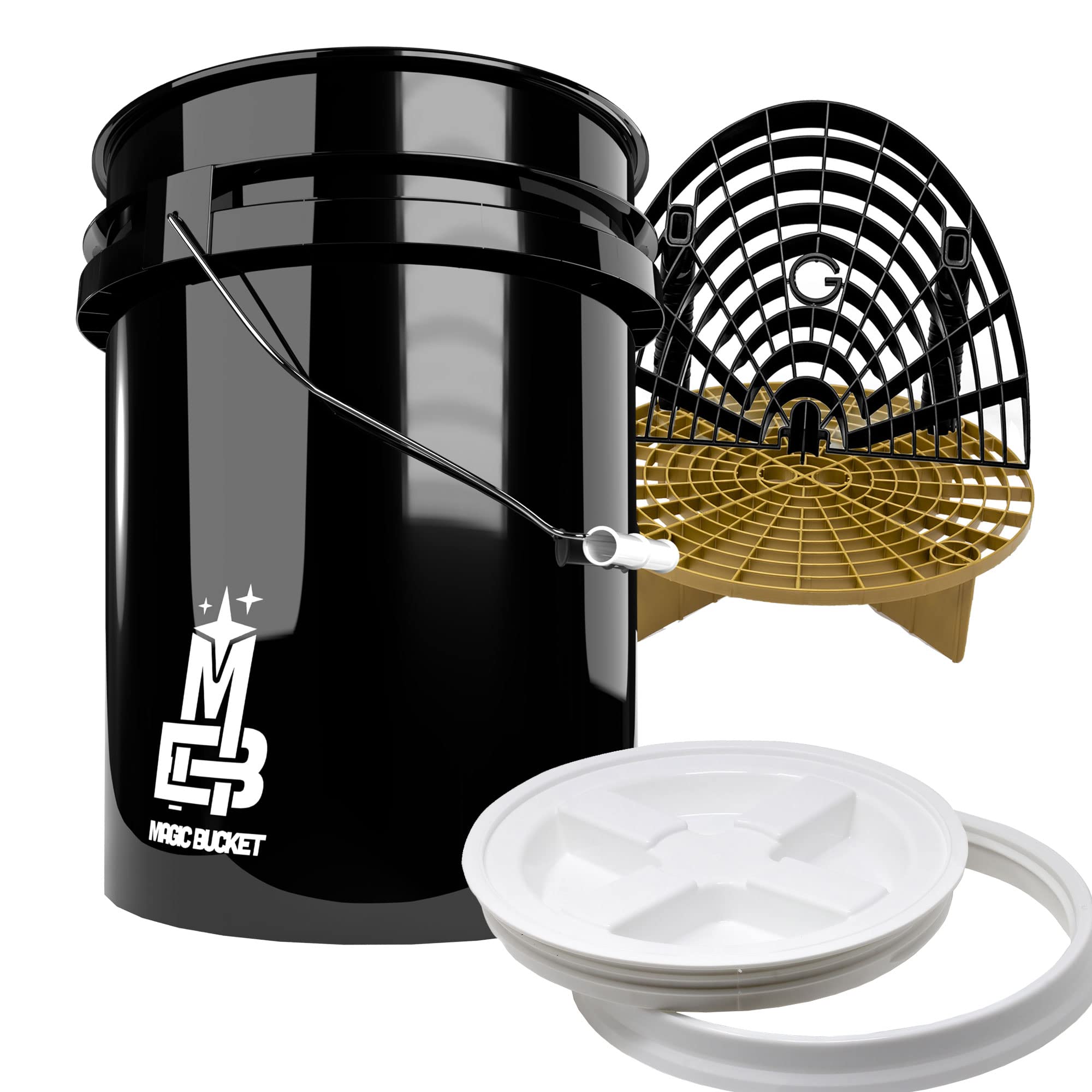 Detailmate professionelles Wasch Eimer Set: Magic Bucket Wascheimer 5 GAL (ca. 20 Liter), Gamma Seal Eimerdeckel weiß, GritGuard Schmutz Einsatz Gold, GritGuard Washboard schwarz