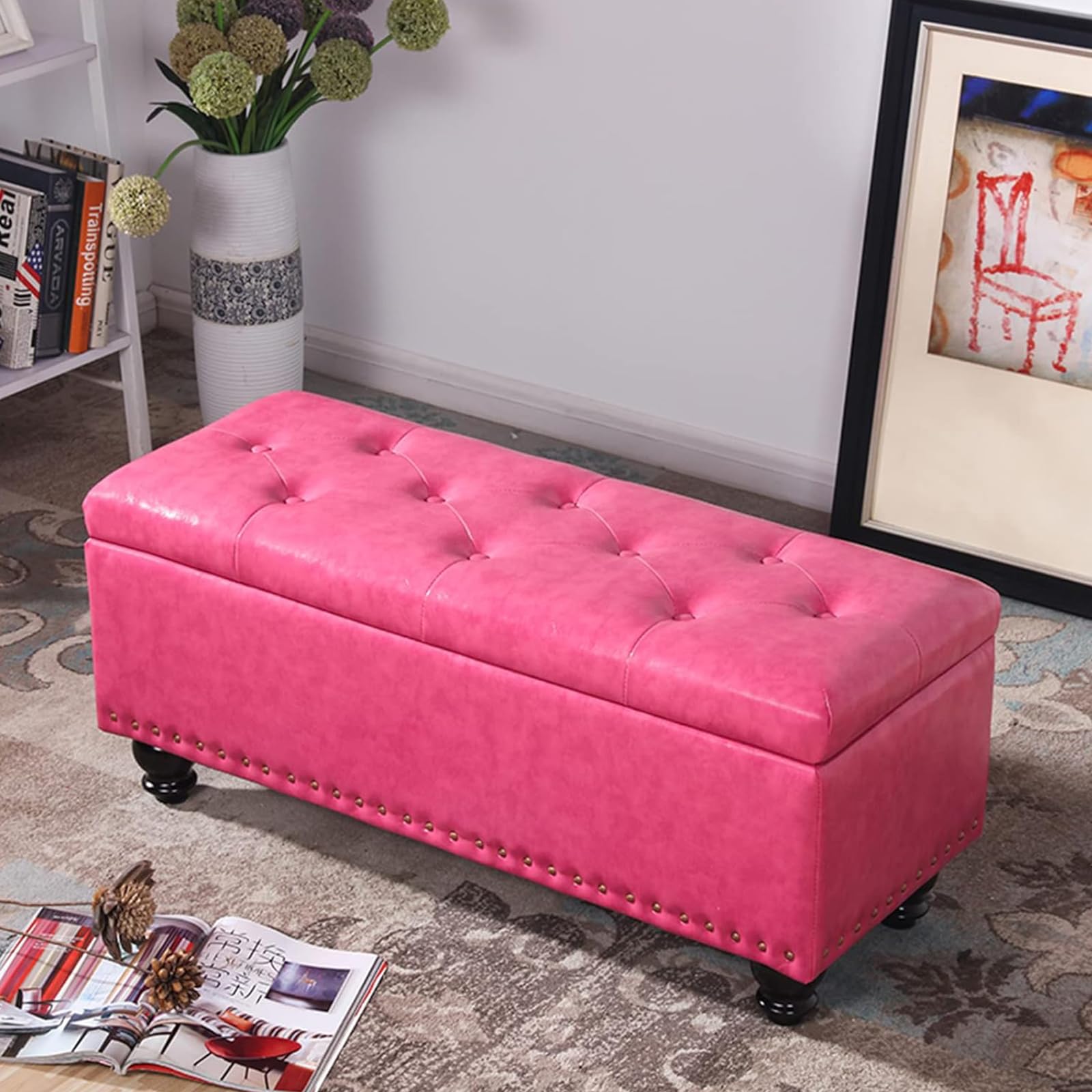 Puf Arcón Contenedor con Revestimiento De Piel Sintética, Reposapiés para Dormitorio, Banco, Taburete De Salón O Sofá con Estructura Y Patas De Madera,Rosado,150 * 40 * 45cm