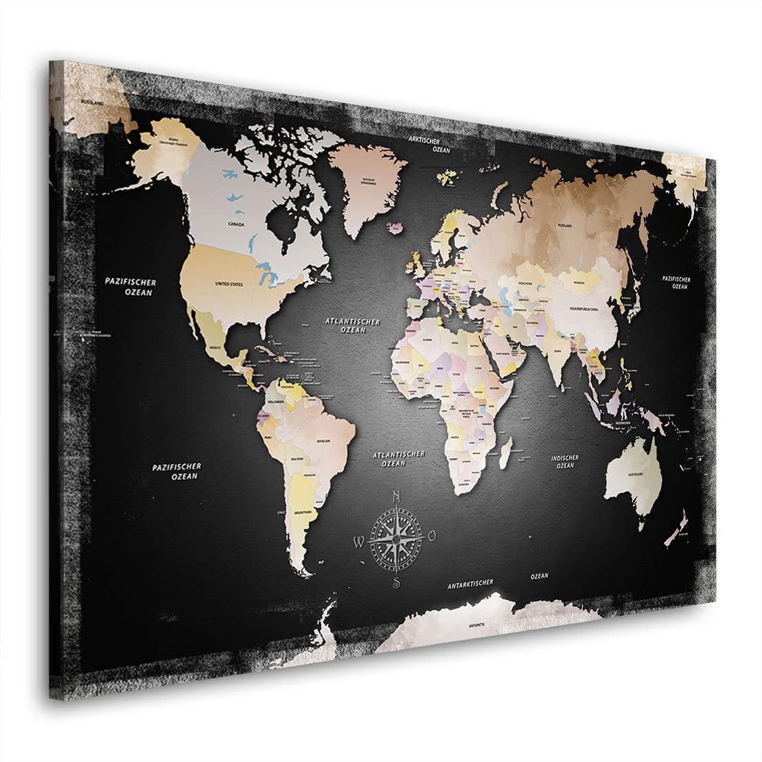 Kunstgestalten24 Leinwandbild Weltkarte Dark Wandbild Kunstdruck Büro Deko XXL