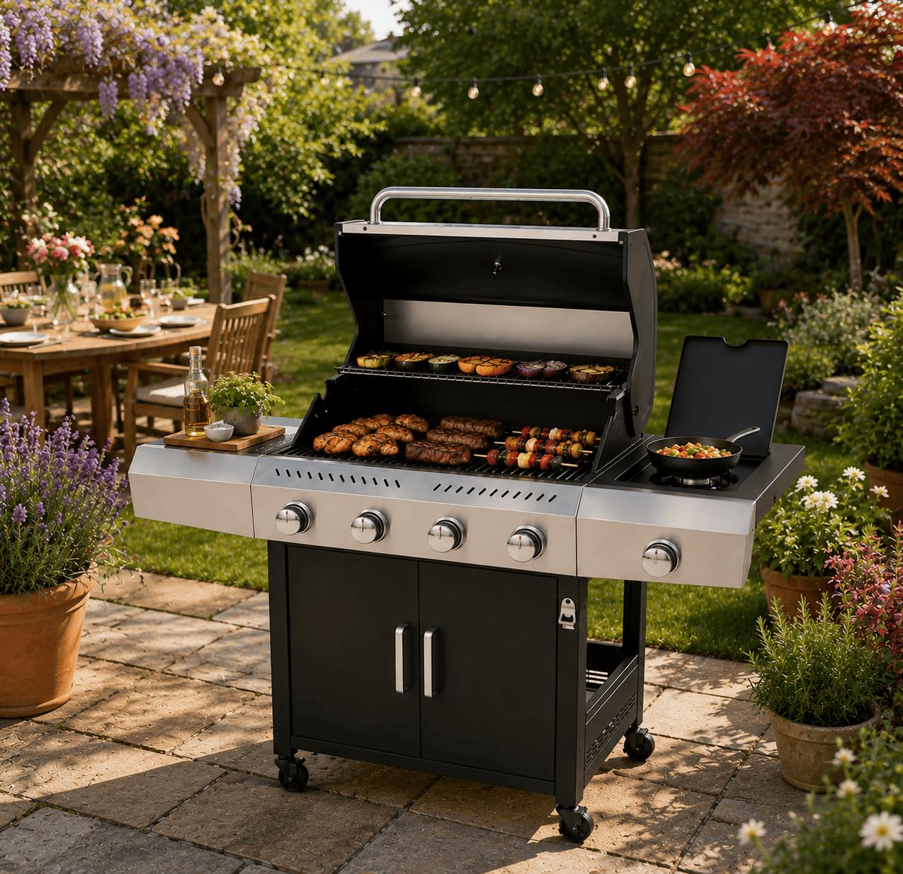 Barbecue a Gas Professionale XXL Da 16 kW con 5 Bruciatori in Acciaio Inox 304 Con Fuoco Laterale Termometro Coperchio Doppio Griglia Di Cottura 67 x 42 Cm E Ruote 137 × 50 × 120 Cm Nero