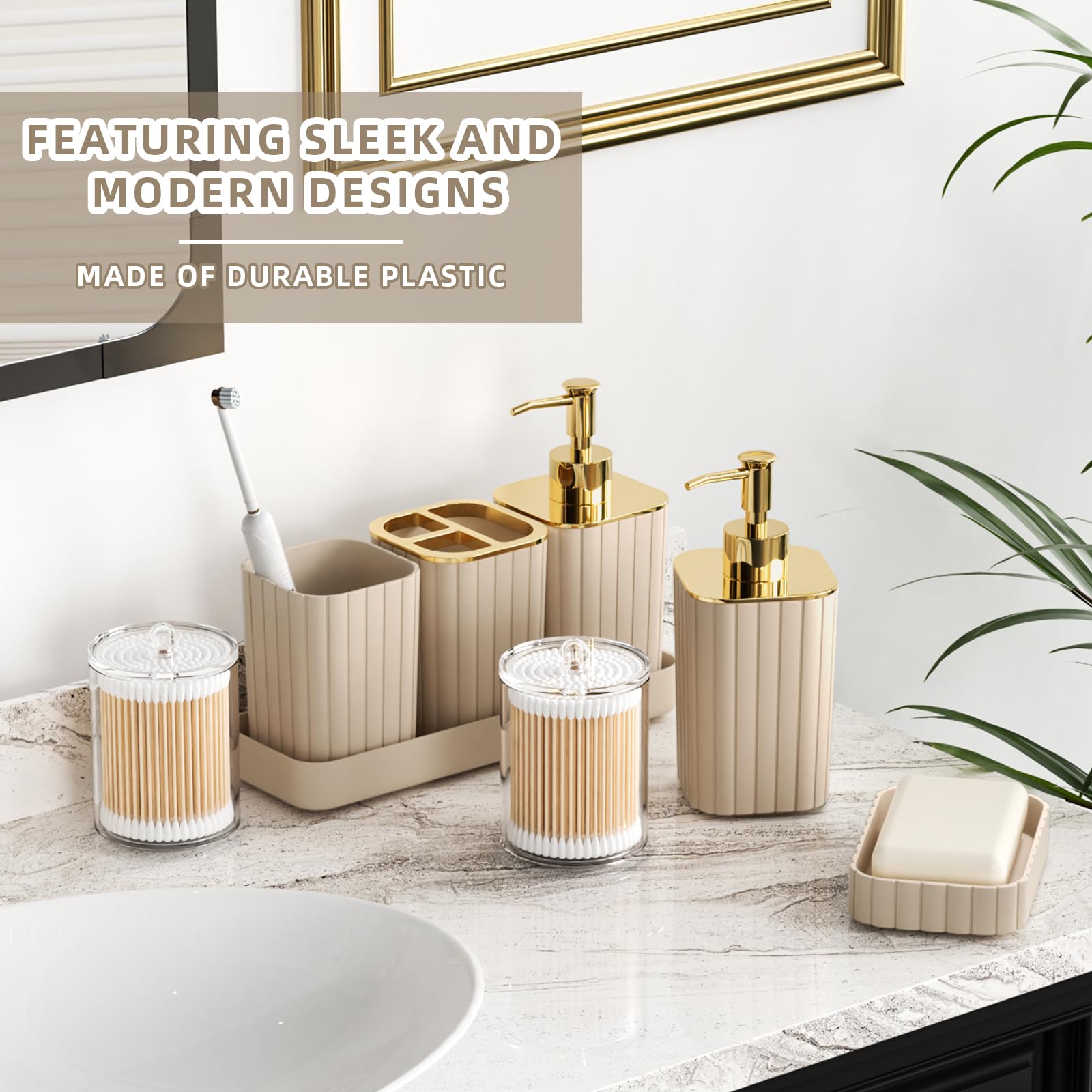 XLHOMO Badezimmer-Zubehör-Set – wunderschönes Badezimmer-Set, 10-teilig, beige, Badezimmer-Zubehör-Set, WC-Bürste, Mülleimer und Seifenspender