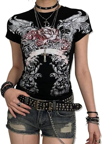 Women Y2k Clothes Grunge Shirts Emo Goth Vintage 2000s Tops Short Sleeve Graphic Tees Alt Punk Scene Clothing