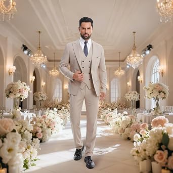 Men's 3 Piece Slim Fit Suit Set One-Button Tuxedo Jacket Vest & Pants for Wedding Prom Business
