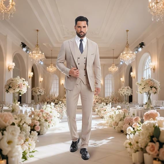 Men's 3 Piece Slim Fit Suit Set One-Button Tuxedo Jacket Vest & Pants for Wedding Prom Business