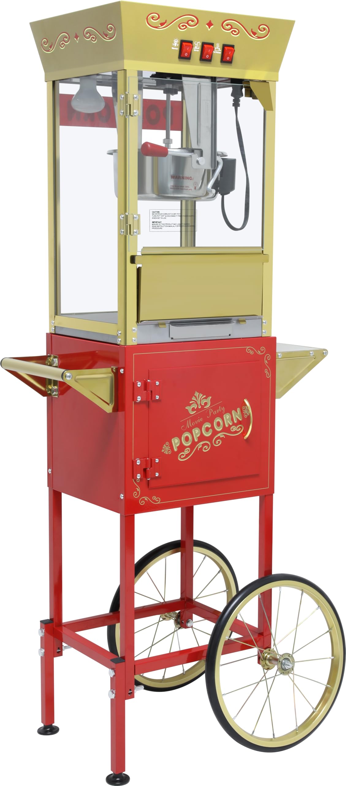 Popcorn Machine with Cart Wheels Popcorn Maker with Stainless Steel Kettle Popcorn Popper for Home, Theater, Parties (14OZ /Cart, Red)