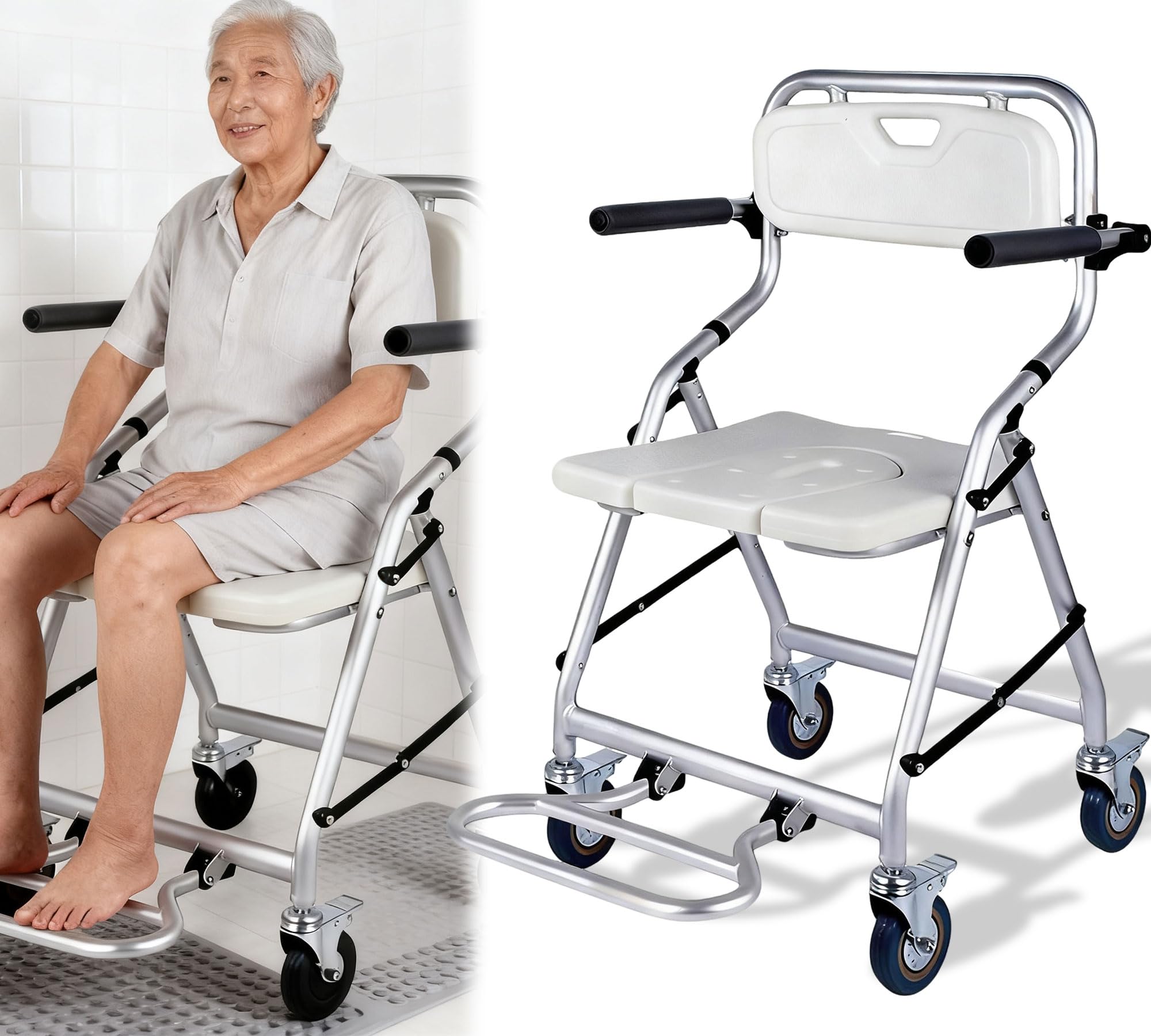Taburete de Ducha Plegable con Ruedas para Personas Mayores | 120KG Silla de Ducha con Ruedas, Blanco Silla de Baño y Ducha Discapacitados con Reposabrazos y Respaldo