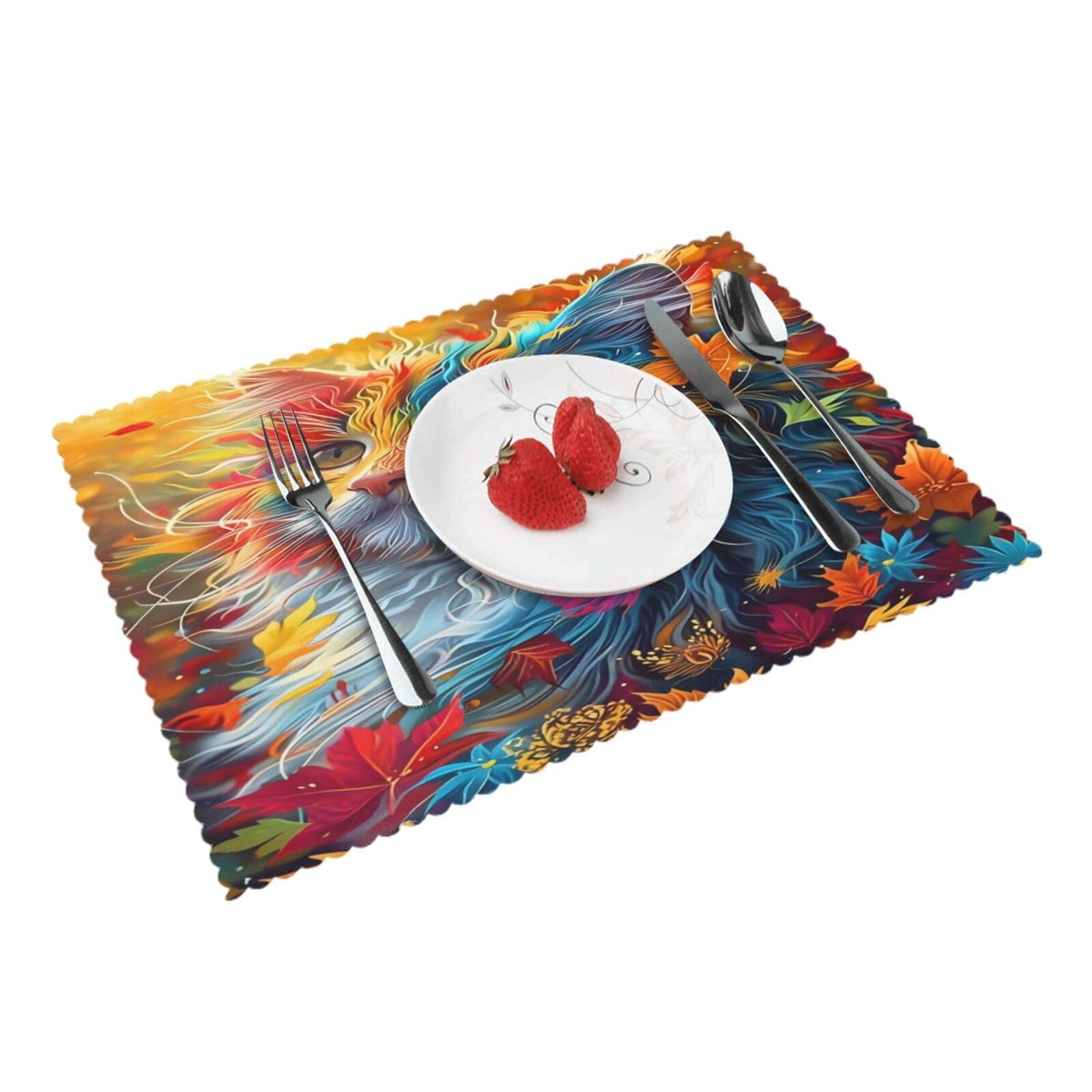 Colorful Autumn Cat Placemats Set of 4 Print Table Mats Place Mats Table Decor for Kitchen Dining 12X18 in