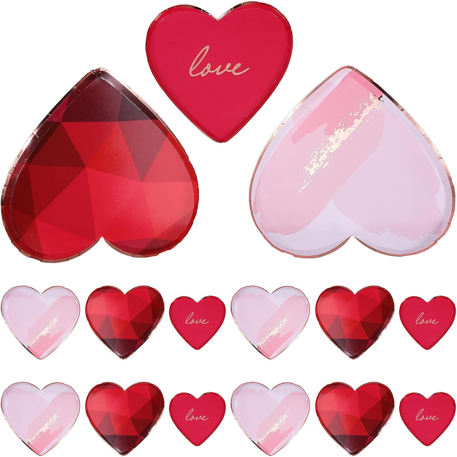 BESTonZON 24pcs Valentine Heart Shaped Paper Plates Set 9inch Red Pink, 7inch Red Disposable Dinnerware for Weddings, Bridal Showers, Birthday Parties, Romantic Anniversary Events