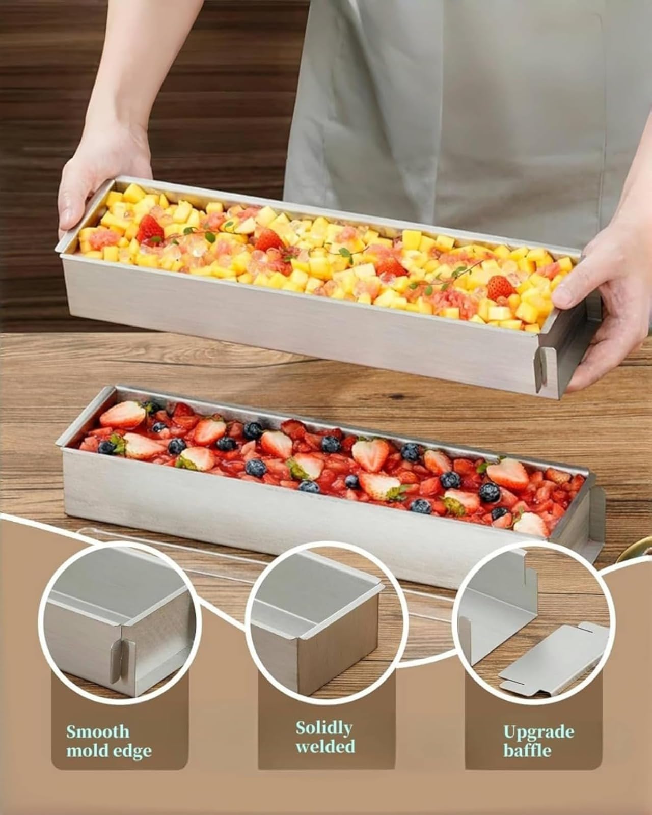 Molde rectangular para hornear con tapa, antiadherente extraíble de aleación de aluminio para tarta de queso, mousse, perfecto para uso doméstico o profesional, 16 x 4 x 2 pulgadas