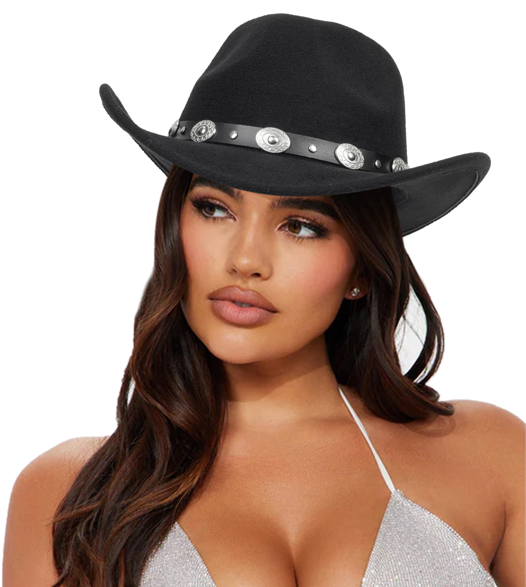 Eohak Sombrero de vaquero occidental moldeable para hombres y mujeres, sombrero de fieltro para jazz con hebilla de cinturón, M/L