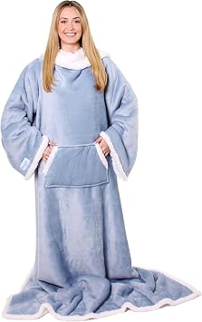 Snuggie Sherpa- The New & Improved Wearable Blanket That Has Sleeves, Warm, Cozy, Super Soft Sherpa, Functional Blanket with Sleeves & Pockets for Adult, Women, Men   Dusty Blue
