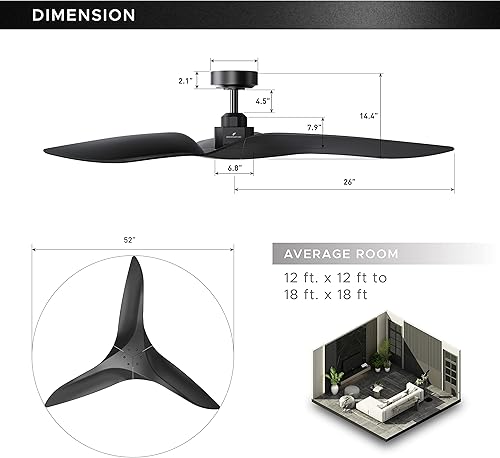 Miniatura 5 de Aerofanture - Ventiladores de techo modernos con control remoto ventilador de techo negro de 52 pulgadas sin luz con cuchillas reversibles