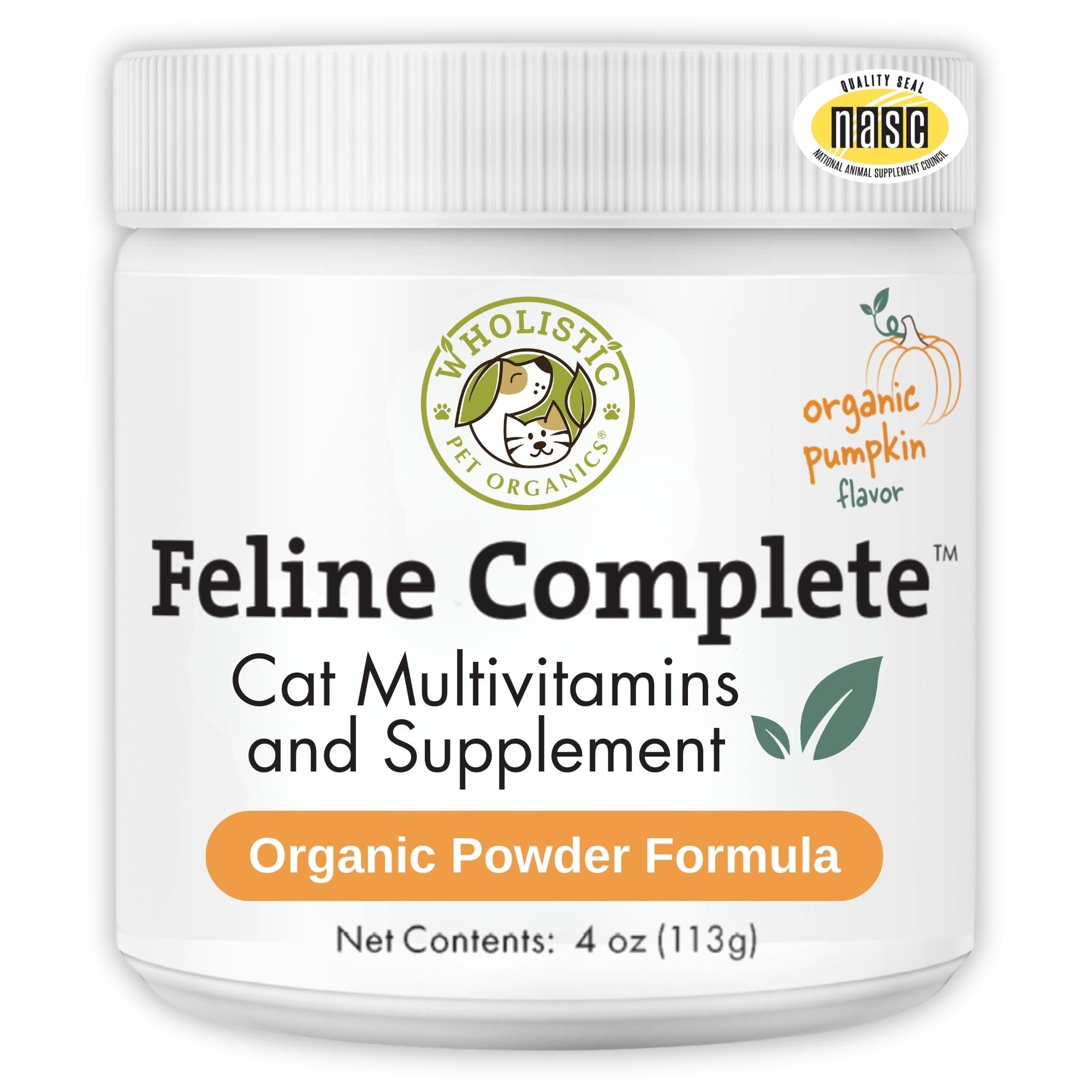Wholistic Pet Organics Feline Complete Organic Pumpkin - 4 Oz - Multivitamin & Probiotic Powder for Cats - Natural Cat Food & Digestive SupportUSDA Organic