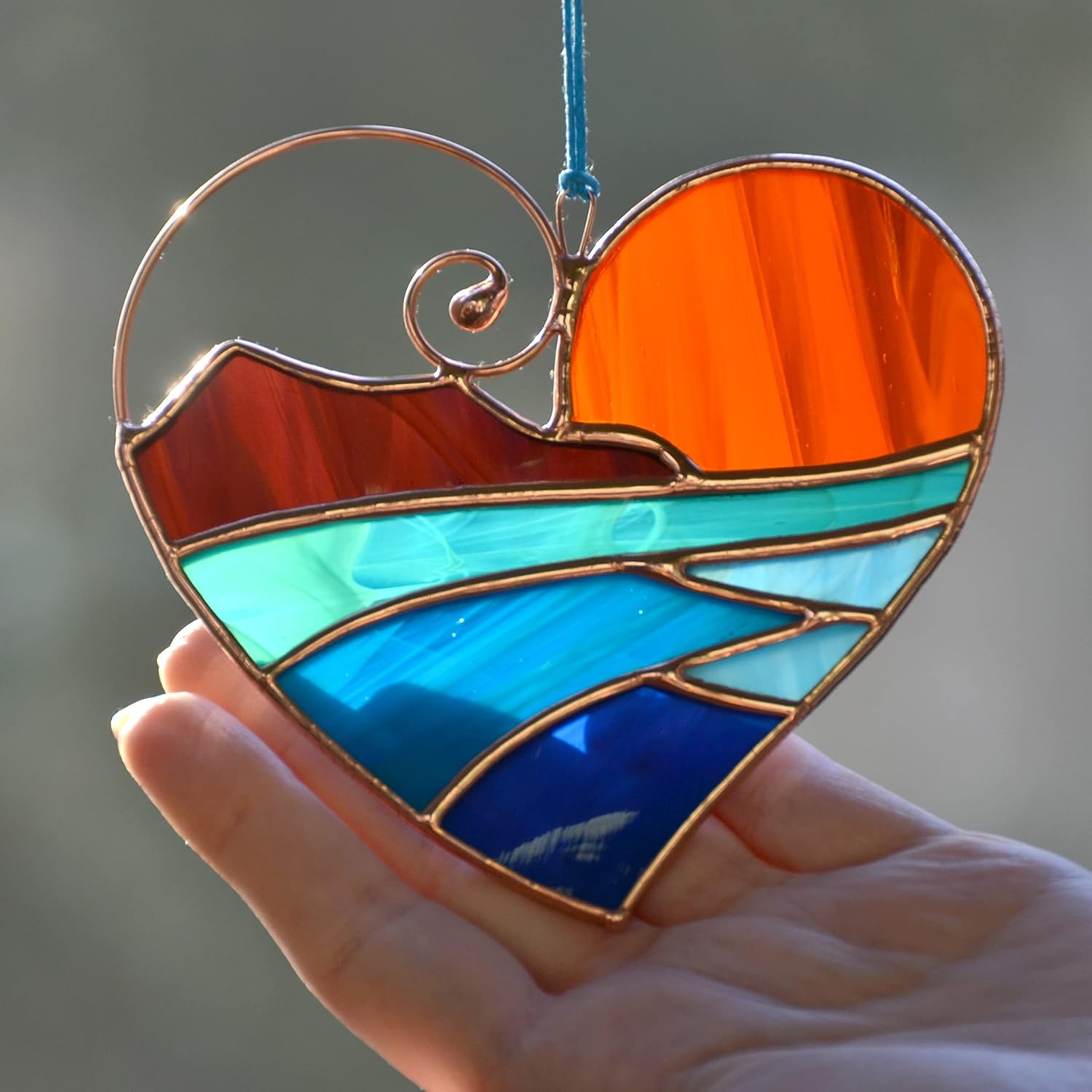 Heart Stained Glass Suncatcher - Window Hangings - Anniversary Gift Idea for Him and Her - Lovely Home Decor for Window - Sunset, Sea, and Mountains Hanging Ornament