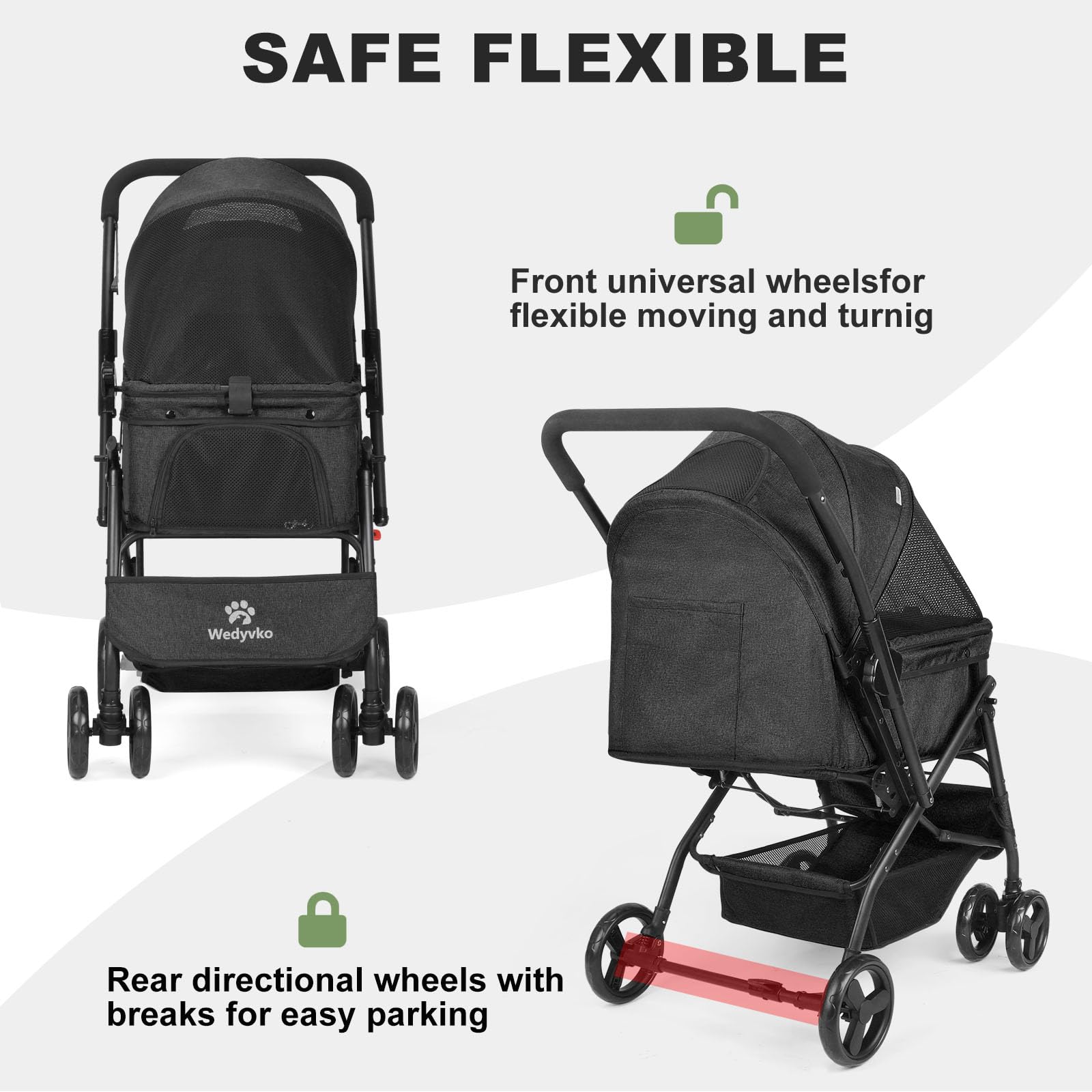 Poussette pliable pour animal de compagnie avec panier de rangement, roue avant à 360° avec frein, poussette de voyage légère pour chiens et chats de petite et moyenne taille (noir 1, 4 roues)