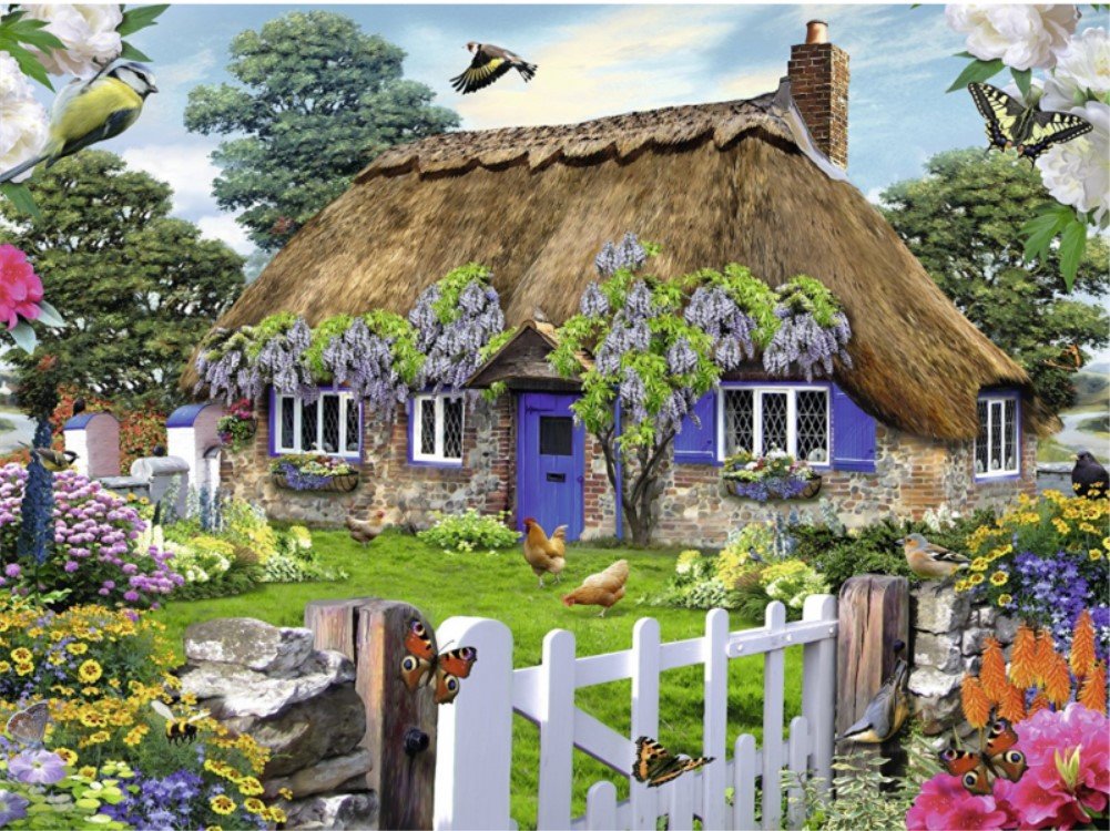 WOWDECOR Paint by Numbers Kits for Adults Kids, Number Painting - Garden Rooster Butterflies Birds Eagle Sunflower Thatched House Landscape 16x20 inch (Frameless)