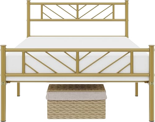 Miniatura 2 de Topeakmart Cama de plataforma de metal de tamaño individual con cabecero y estribo de diseño de flecha, almacenamiento debajo de la cama de 13