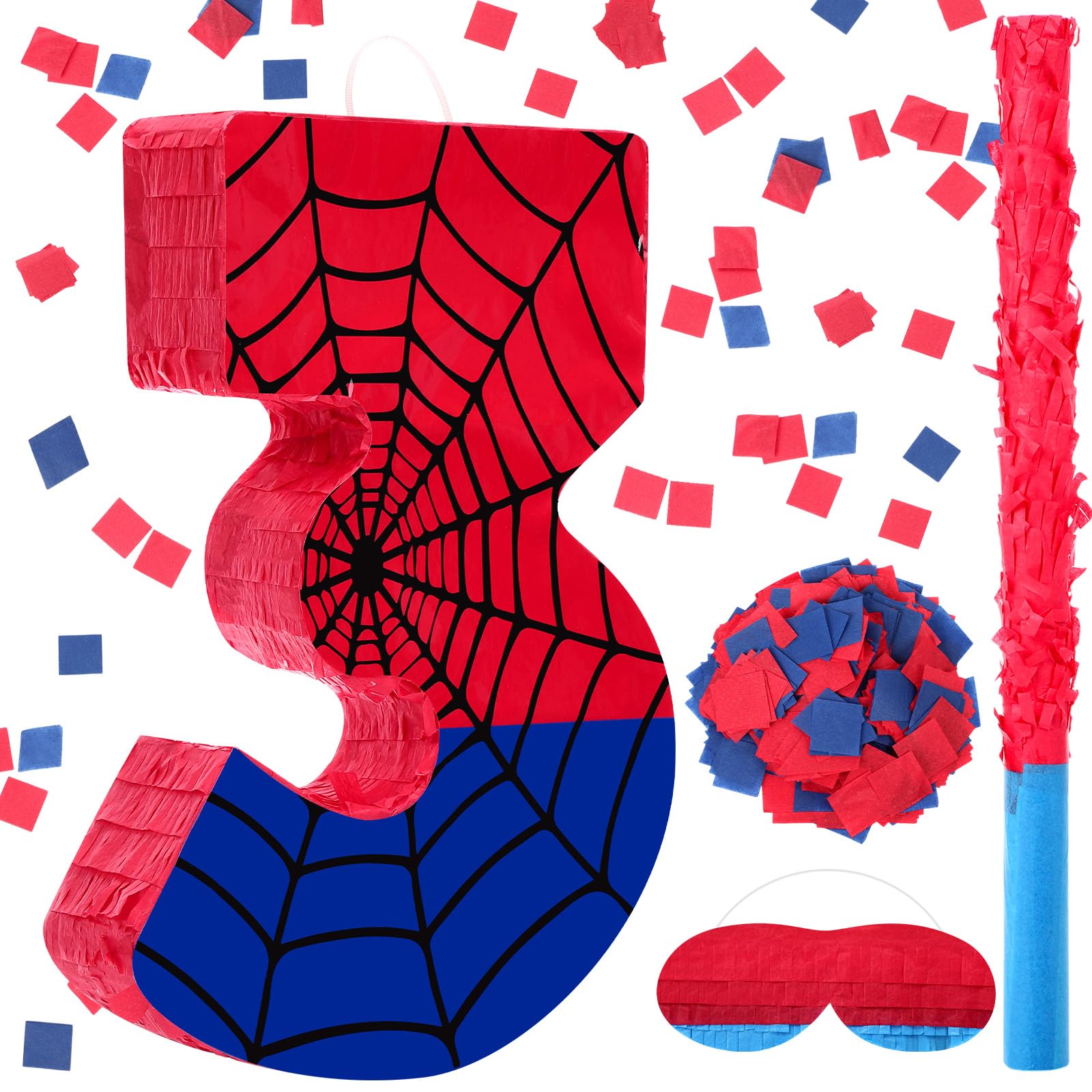 Photo 1 of Simgoing Number 3 Spider Web Piñata Bundle with Blindfold Small Piñata for Kids Birthday Party Decoration Mexican Fiesta Cinco De Mayo Anniversary Celebration Gift, 15.75 x 11 x 2.8 In(Red Blue)