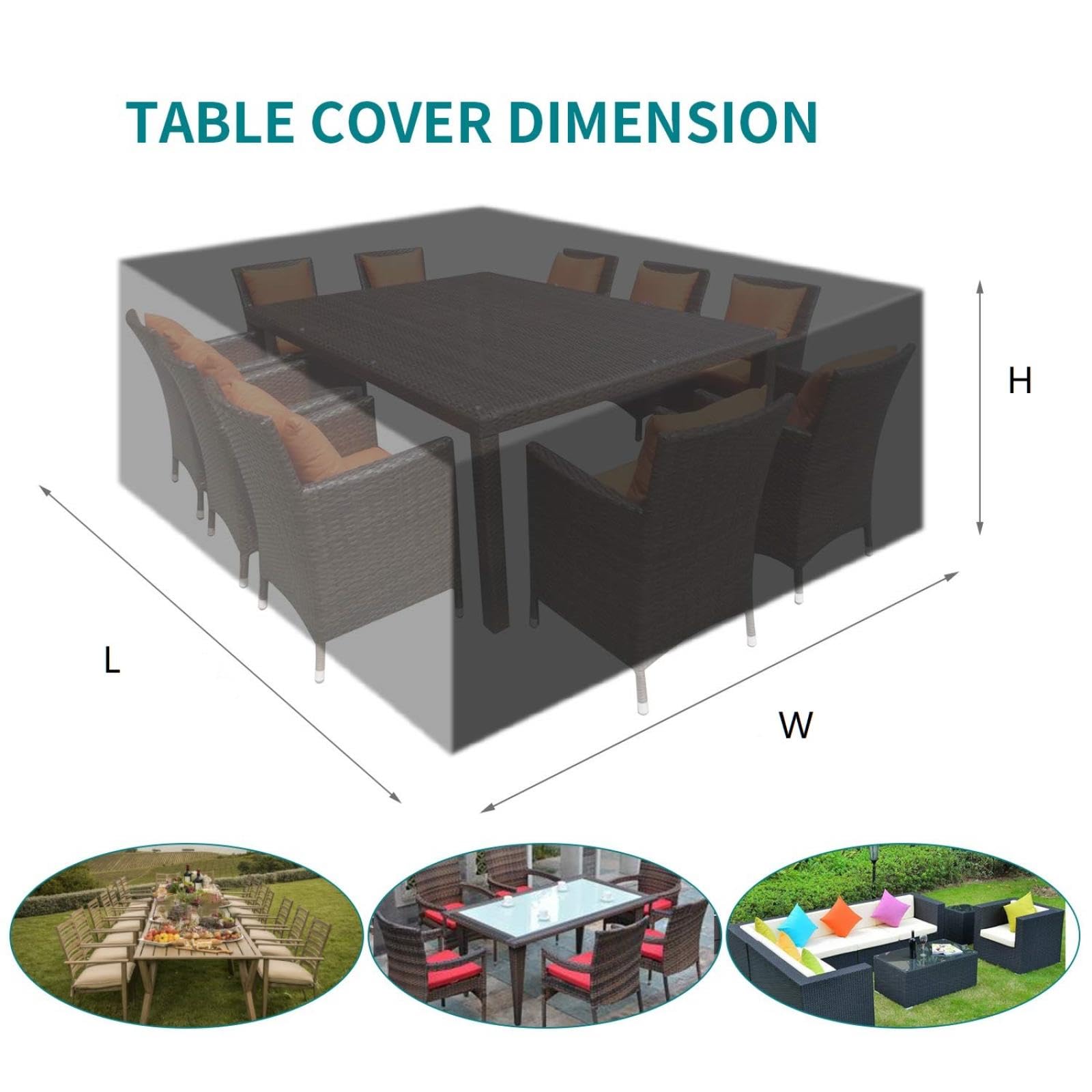 Copertura impermeabile antivento per mobili da giardino, 310 x 305 x 70 cm, resistente, nera, per tavolo da patio e set da salotto, ideale per tutte le condizioni atmosferiche