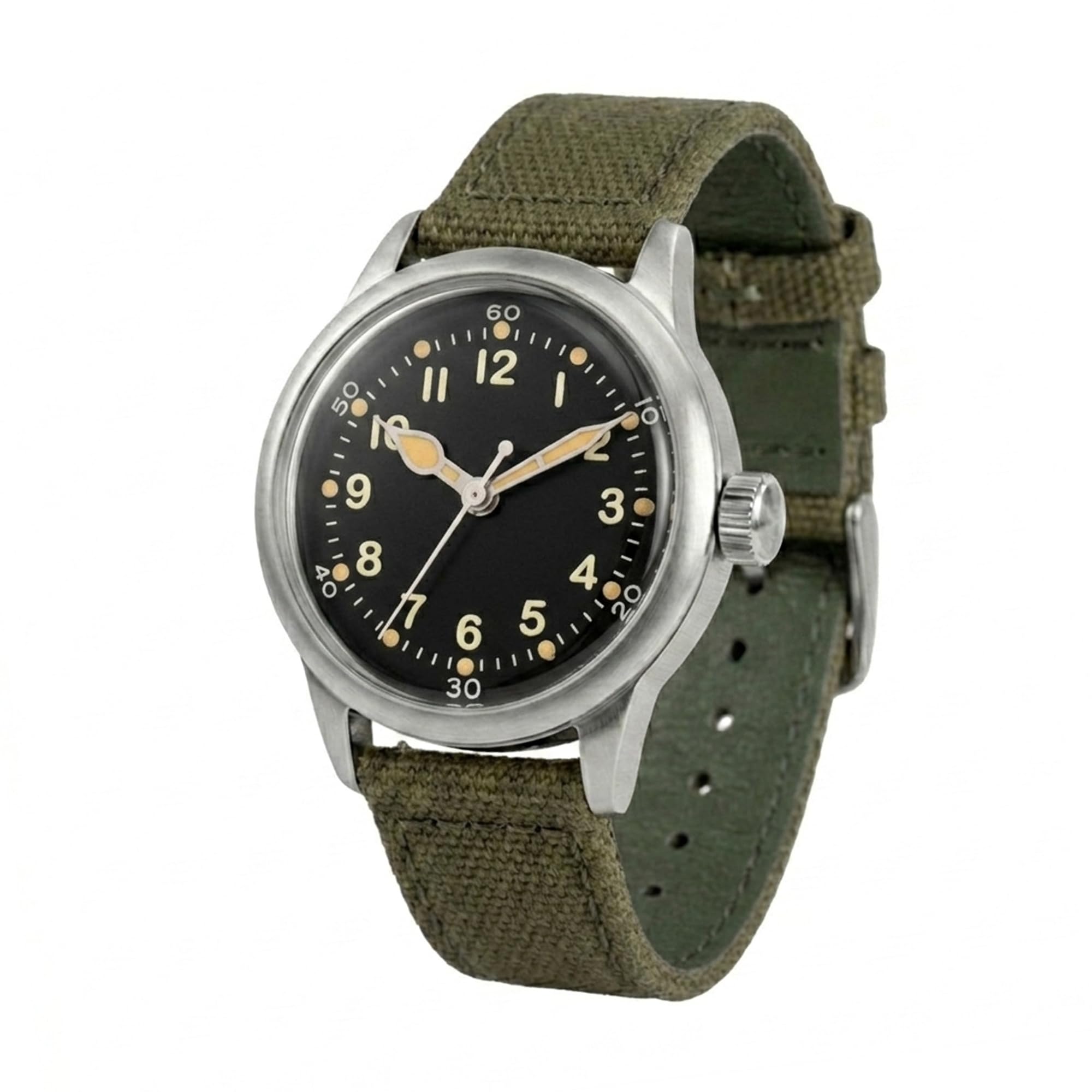 PRAESIDUS | Reloj de Servicio A-11 (Edición Tom Rice) - Relojes para Hombres - A11 Militar - Vidrio acrílico, caraguilla Negra de 38mm y Correa de Lona Verde - Montado en EE.UU., WW2