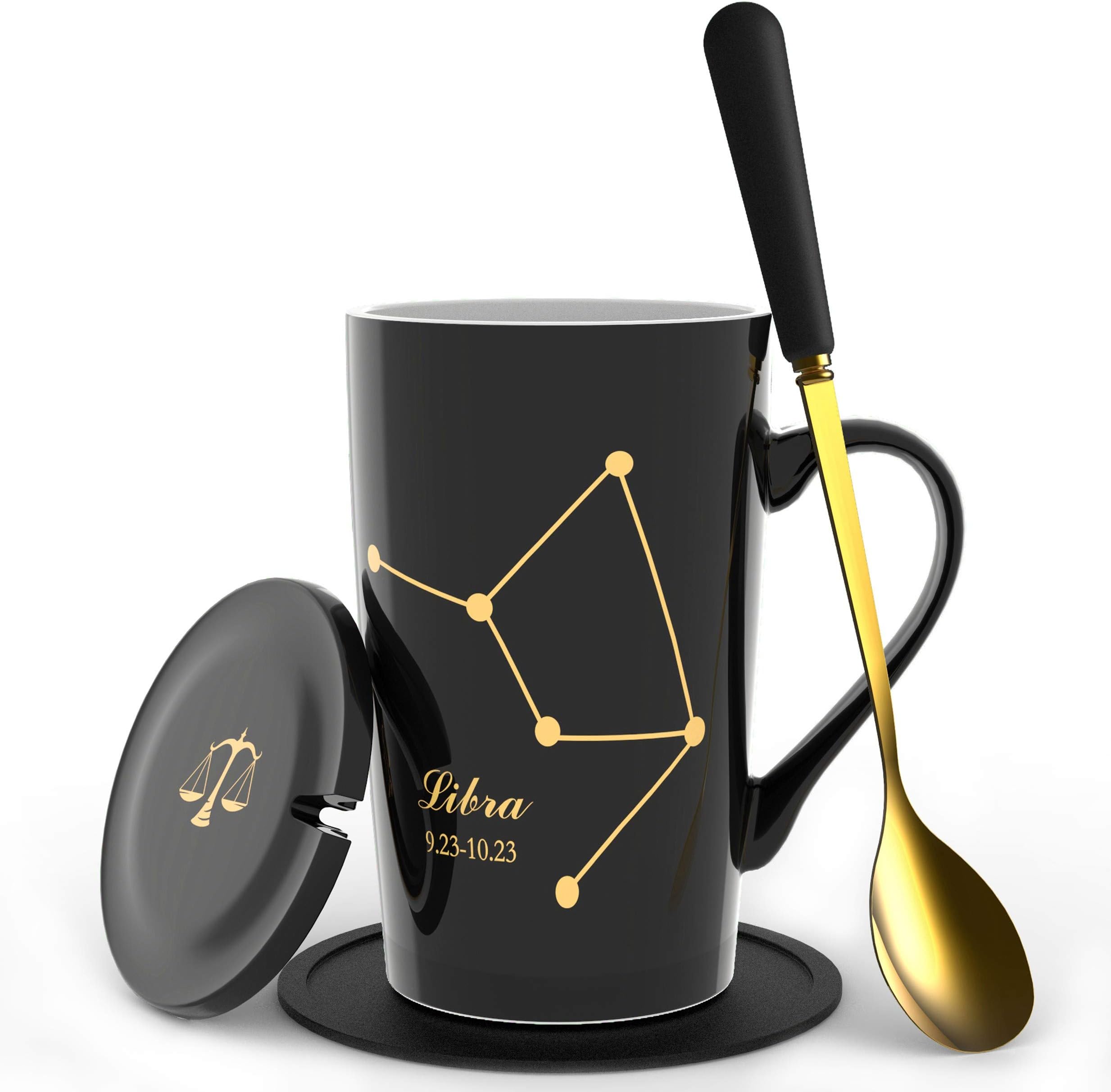 FULLCCI15oz Libra Birthday Gift for Women Men Ceramic Coffee Mugs with Lids Spoon Creative Constellation Zodiac Set Tea Cup for Cocoa Water Milk Juice (Libra-Black Gold)