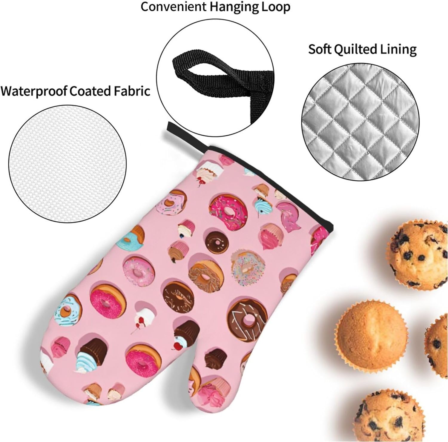 (Cupcakes Donuts Muffins Sugar) Baking 4-Piece Set: 2 Oven Mitts and 2 Pot Holders Heat Resistant Waterproof Hanging Loop for Kitchen Oven Grill Housewarming Gifts