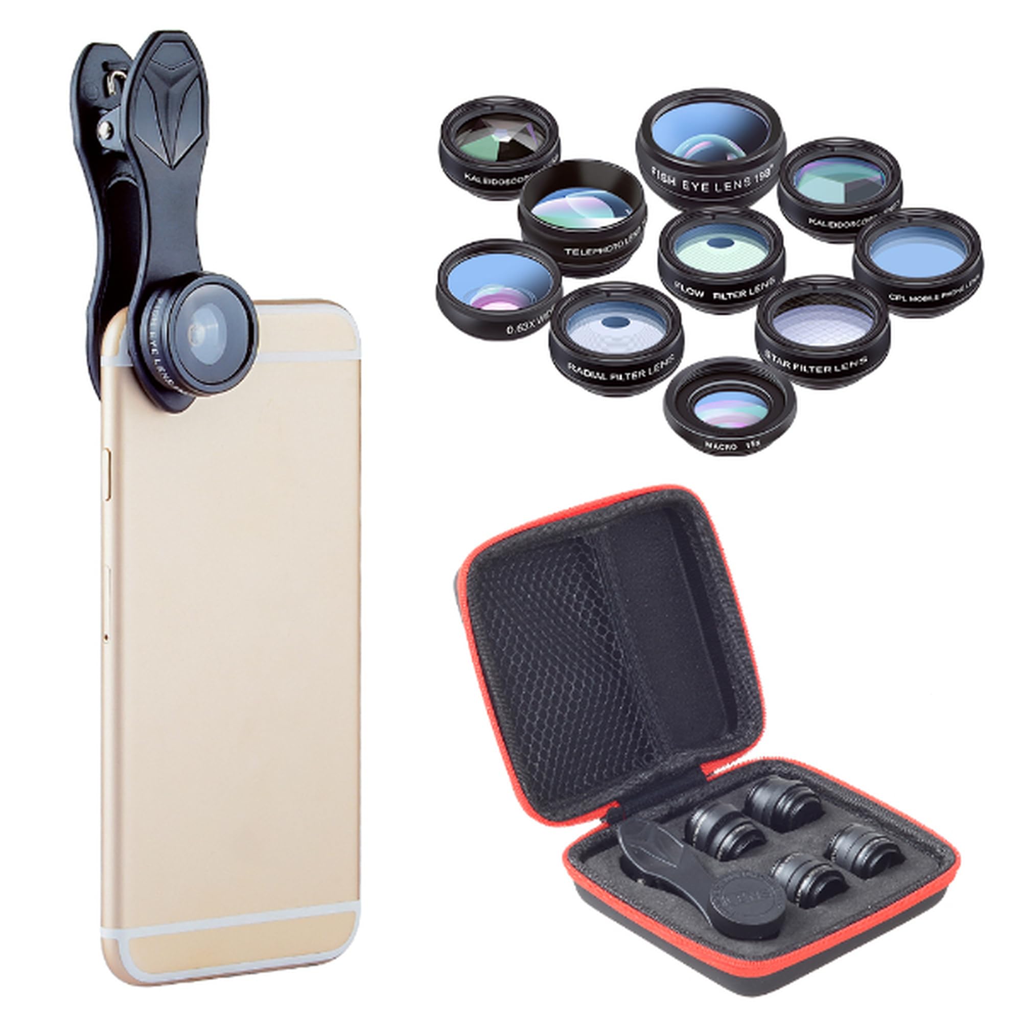 10 in 1 telecamera kit di lenti per cellualare con clip universale,fisheye198°, Macro 15x, grandangolo 0,63x,Teleobiettivo 2X, Filtri,conpatibile iphone, Android con custodia