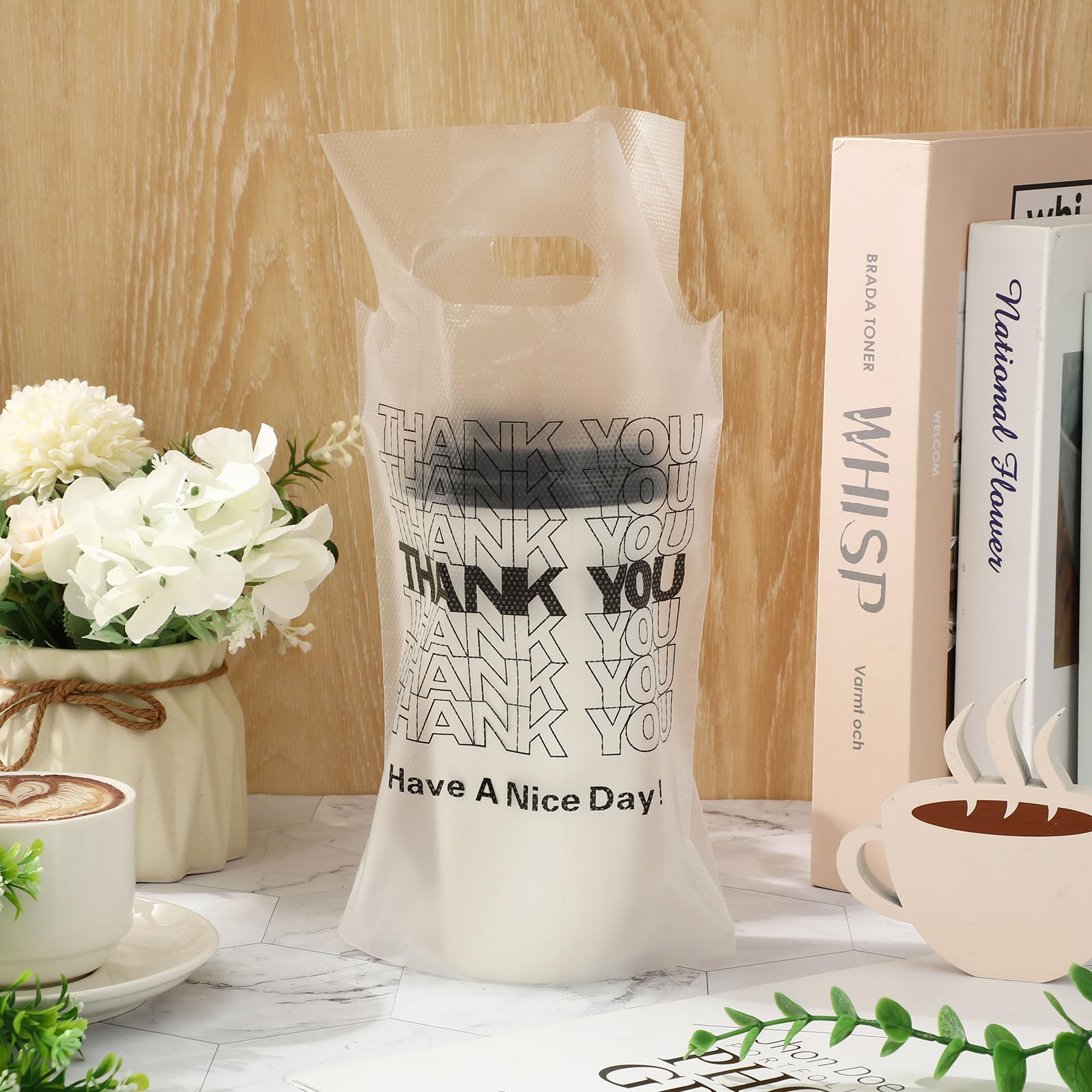 Qilery 1500 Pcs Clear Drink Carrier Bags With Handles - Thank You Design For Takeout Coffee, Tea, Juice (Holds 1 Or 2 Cups) - View #14
