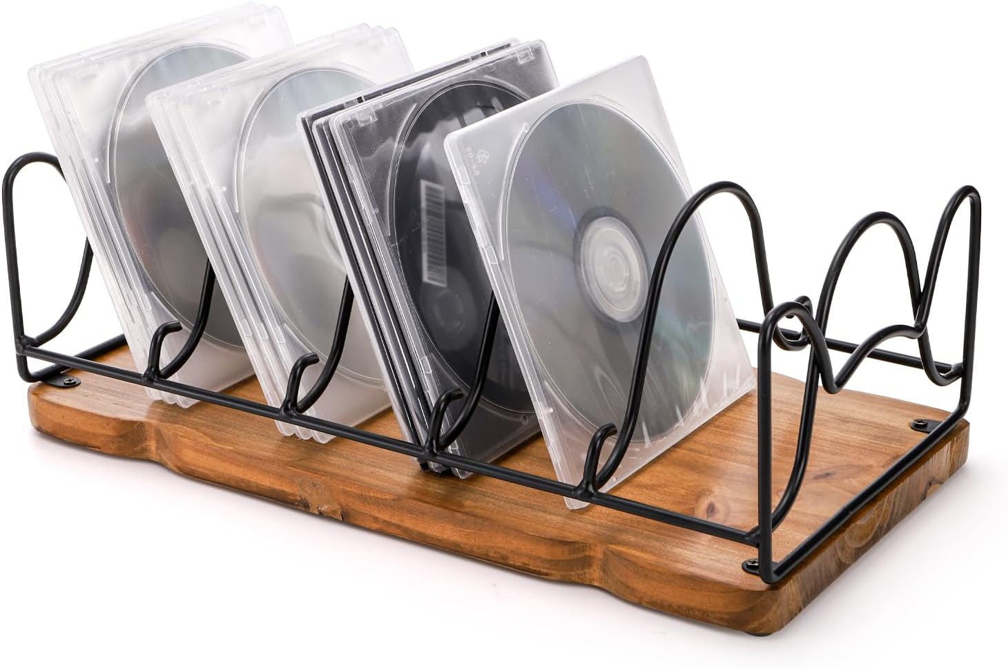 Vintage CD Storage Holder, Metal Wire Wooden Base 5 Slots CD/DVD Storage Rack, Rustic Display Shelf for CDs, DVDs and Video Games, Holds Up to 25 Jewel Cases