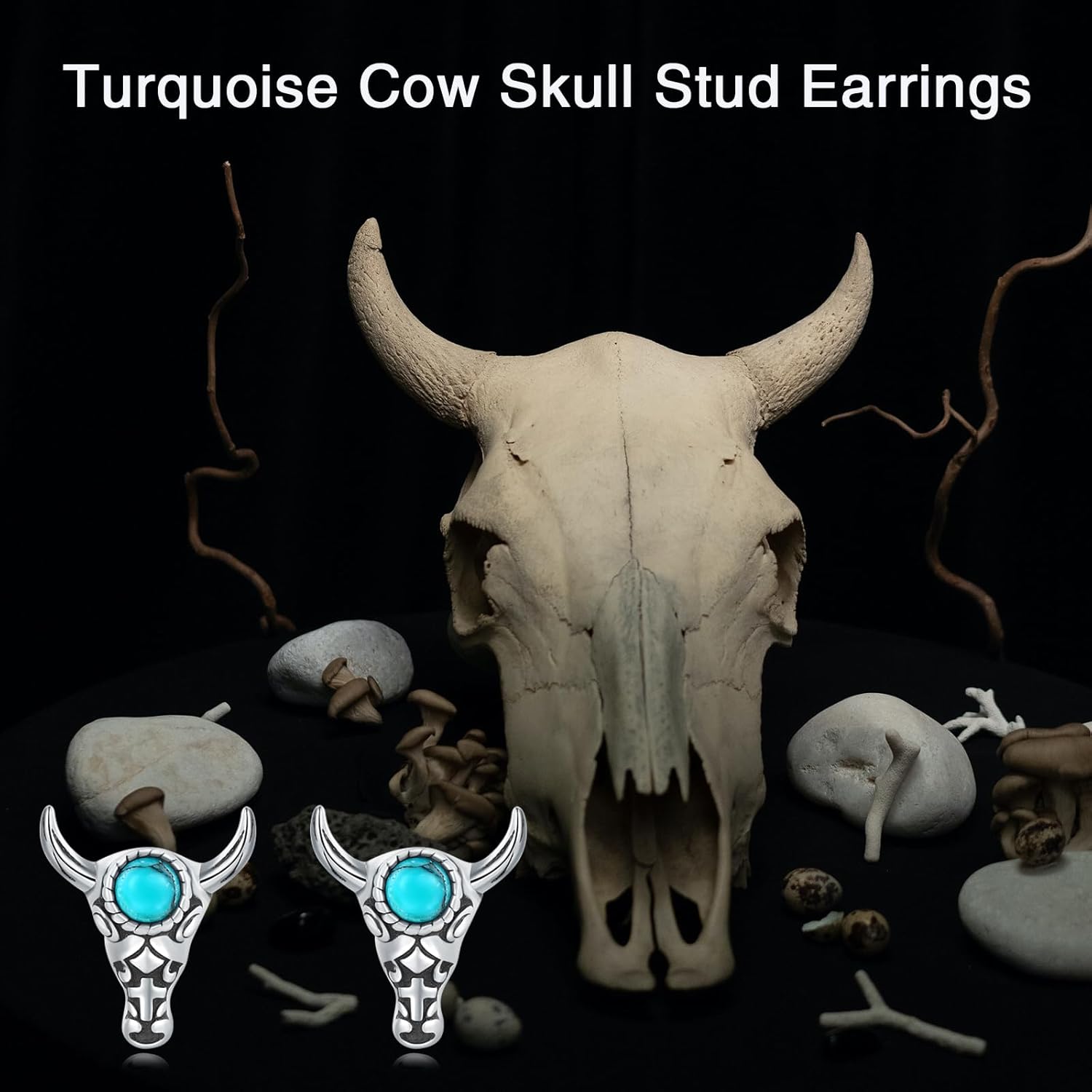 925 Sterling Silver Western Cow Skull Stud Earrings for Women Hypoallergenic Turquoise Cow Head Ear Studs for Daughter Vintage Western Style Jewelry Gifts