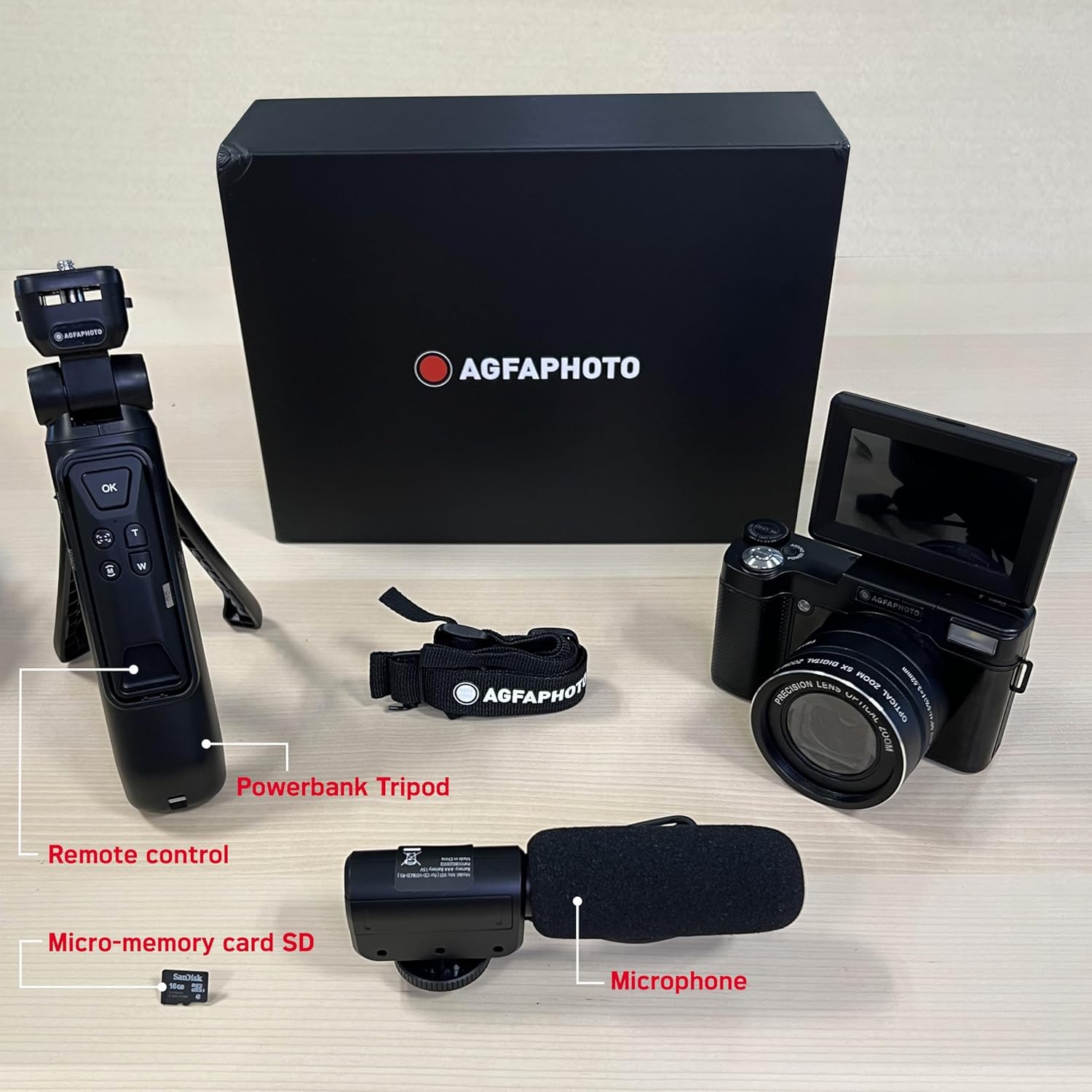AgfaPhoto - Kit Vlogging tutto in uno: Fotocamera VLG-4K Optical, Treppiede Powerbank, Telecomando, Microfono e Scheda Micro-SD 32GB Inclusa - Immortalate con stile i vostri momenti in 4K! - Nero