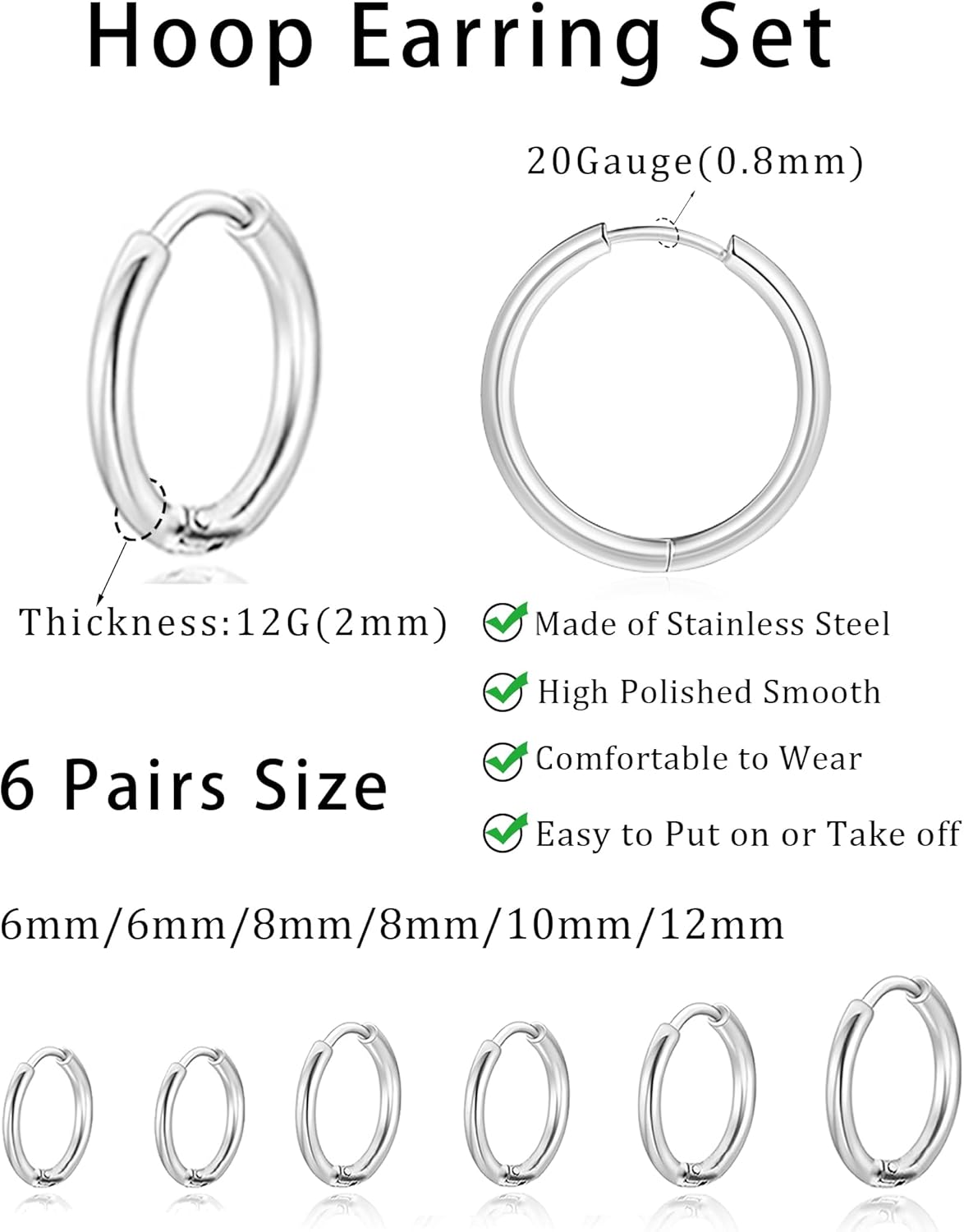 6 Pairs Stainless Steel Small Huggie Hoop Earrings Sets for Women Men Cartilage Helix Tragus Lobes Sleeper Hoop Earring Jewelry for Multiple Piercing 6mm 8mm 10mm 12 mm Silver Gold Plated - Image 2
