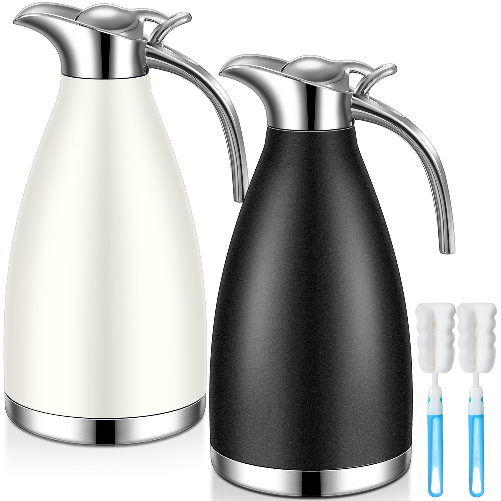 Uiifan 2 jarras térmicas de acero inoxidable de 68 onzas, jarra térmica de café aislada de doble pared al vacío con cepillos, retención de calor de 12 horas (negro, blanco)