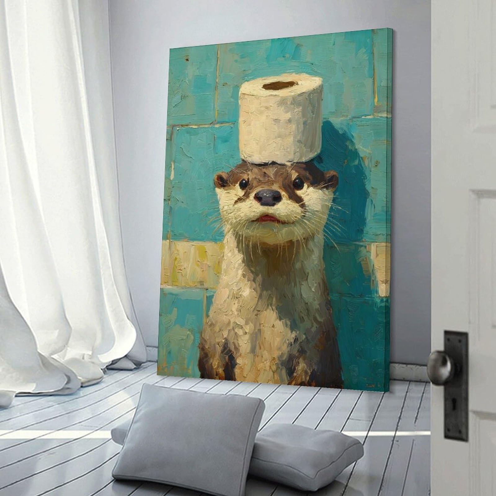 Junmoney Frame-Style-12 Otter With Toilet Paper Hat Painting Room Decor Wall Art, 12X18inch(30X45cm), For Front Hall, Corridor Or Welcome Spaces, A Neat Decor Update For Hallways