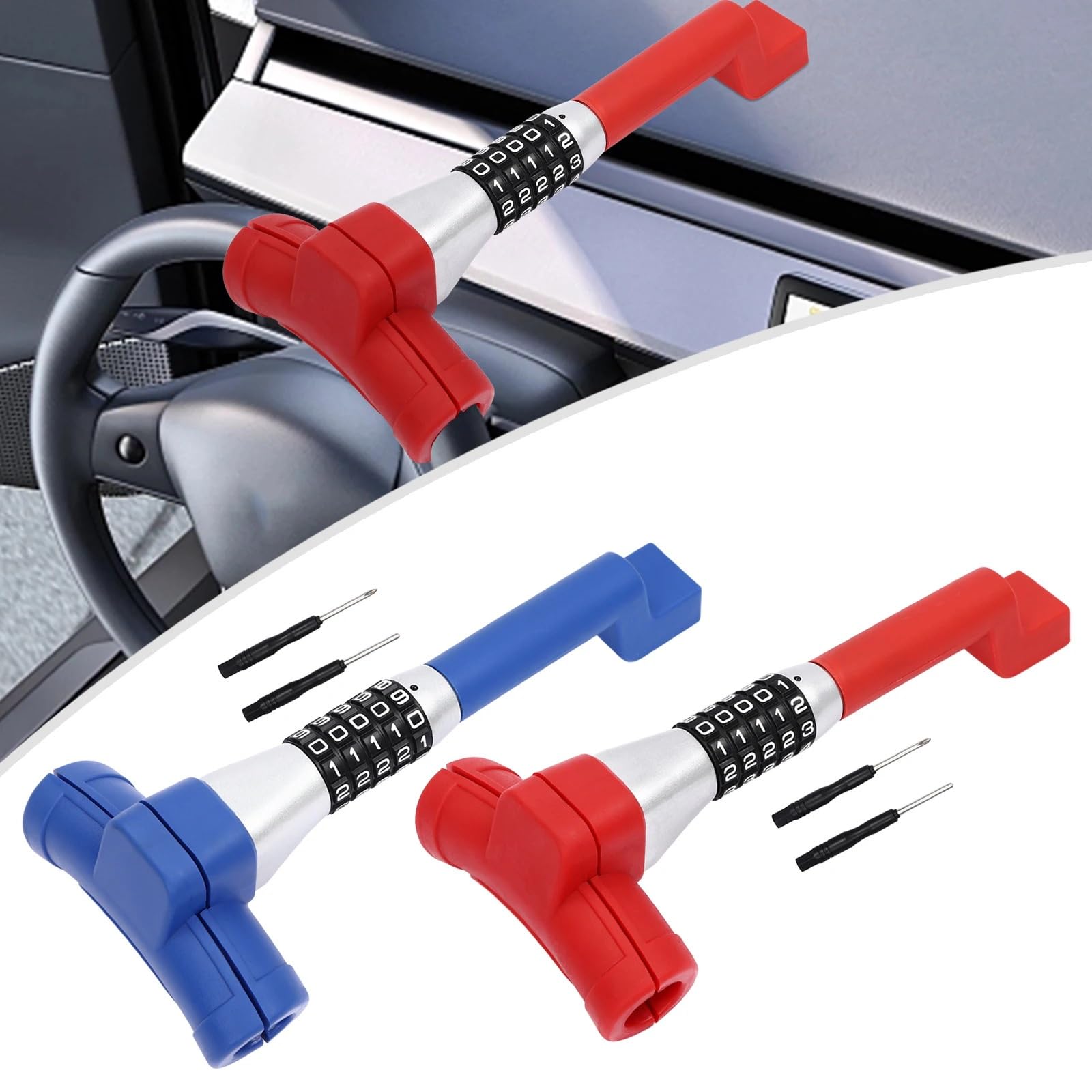 Antifurto Meccanico Blocco di protezione cifratura del volante da 6 cm/2,4 pollici antifurto per auto famiglia in alluminio Antifurto di Bloccaggio(Red)