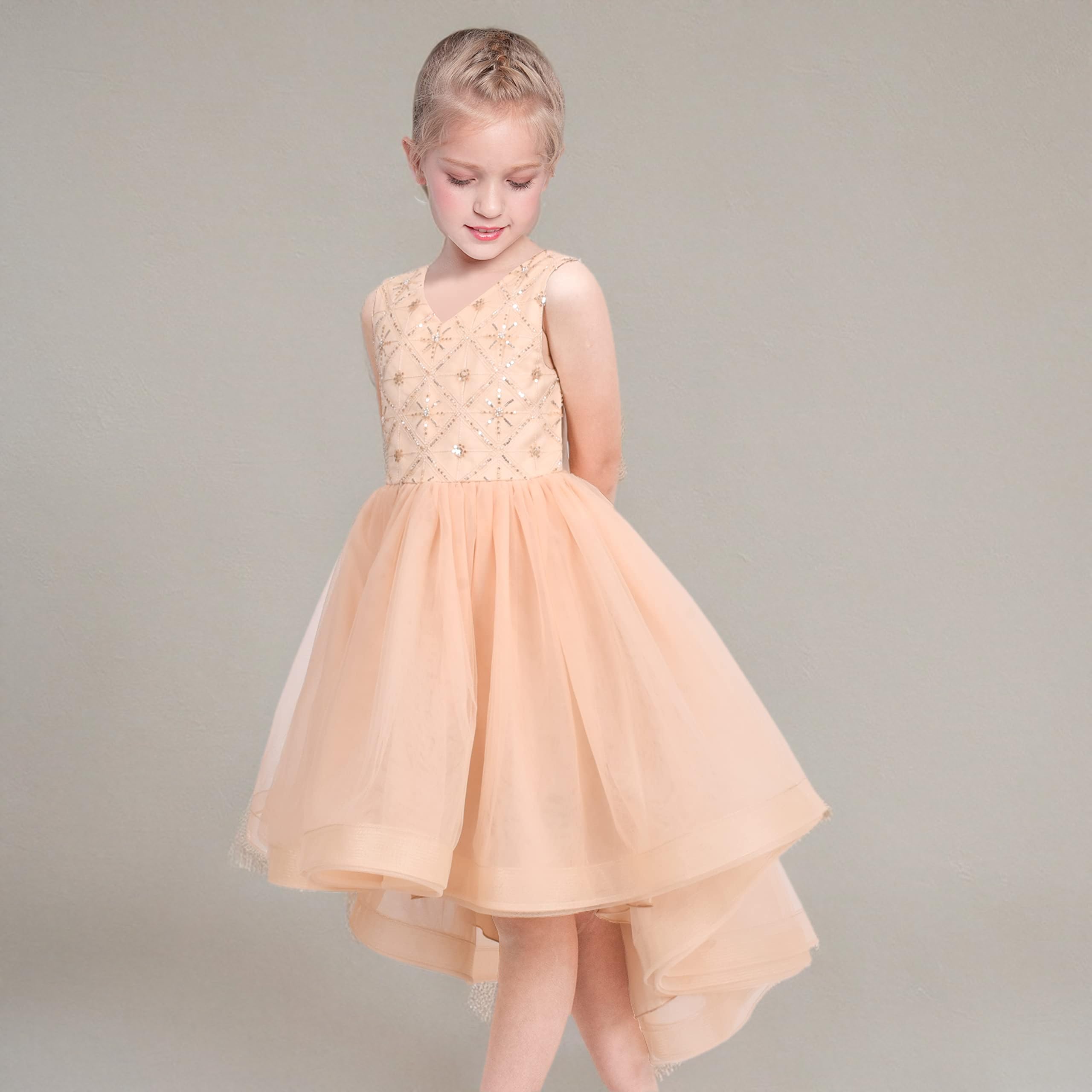 Sunny Fashion Vestido para niña Flor champán Lentejuela Alto bajo Boda Dama de Honor 4-10 años