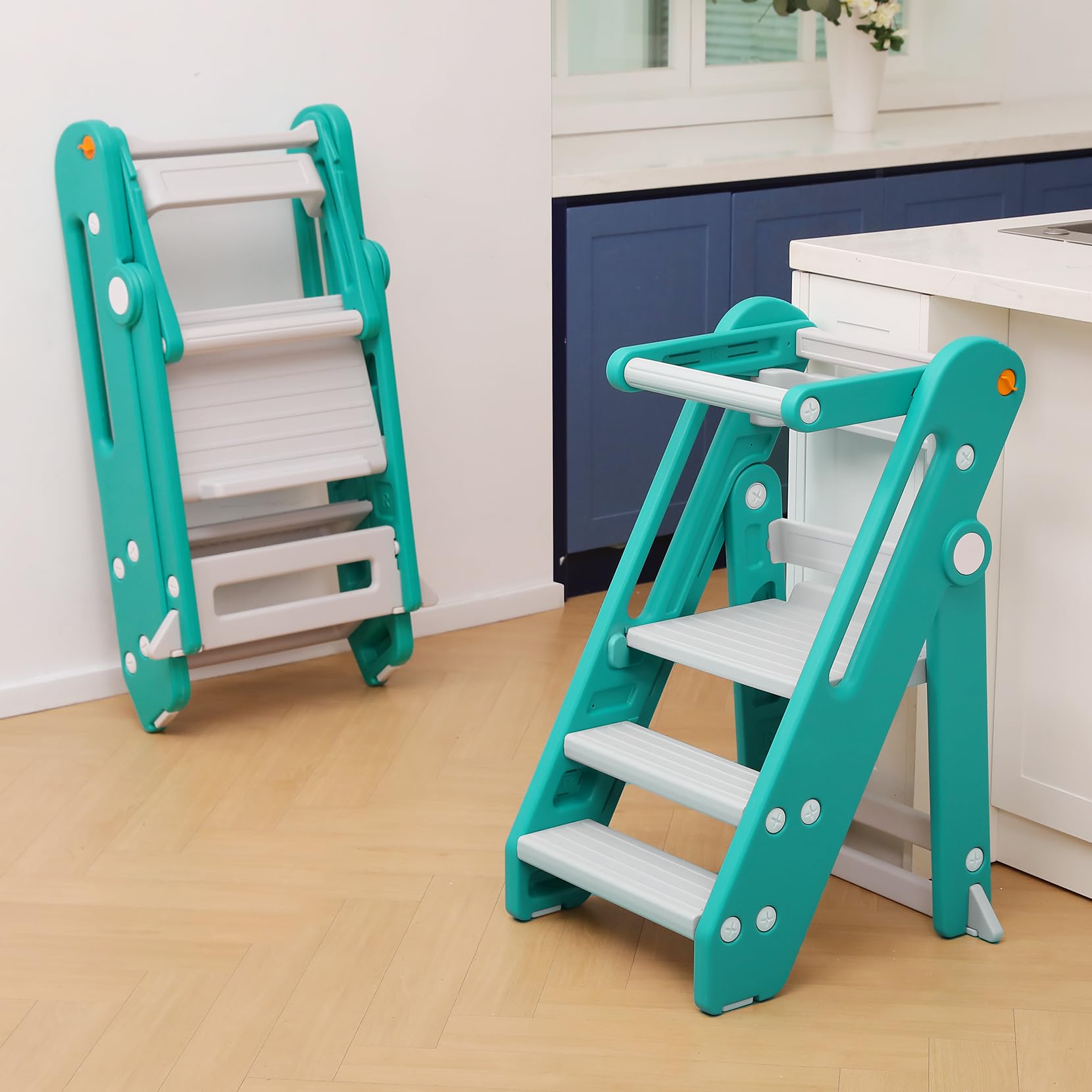 Torre de Aprendizaje Montessori Niños Ajustable Altura 2-3 Escalones Plegable Seguridad Verde