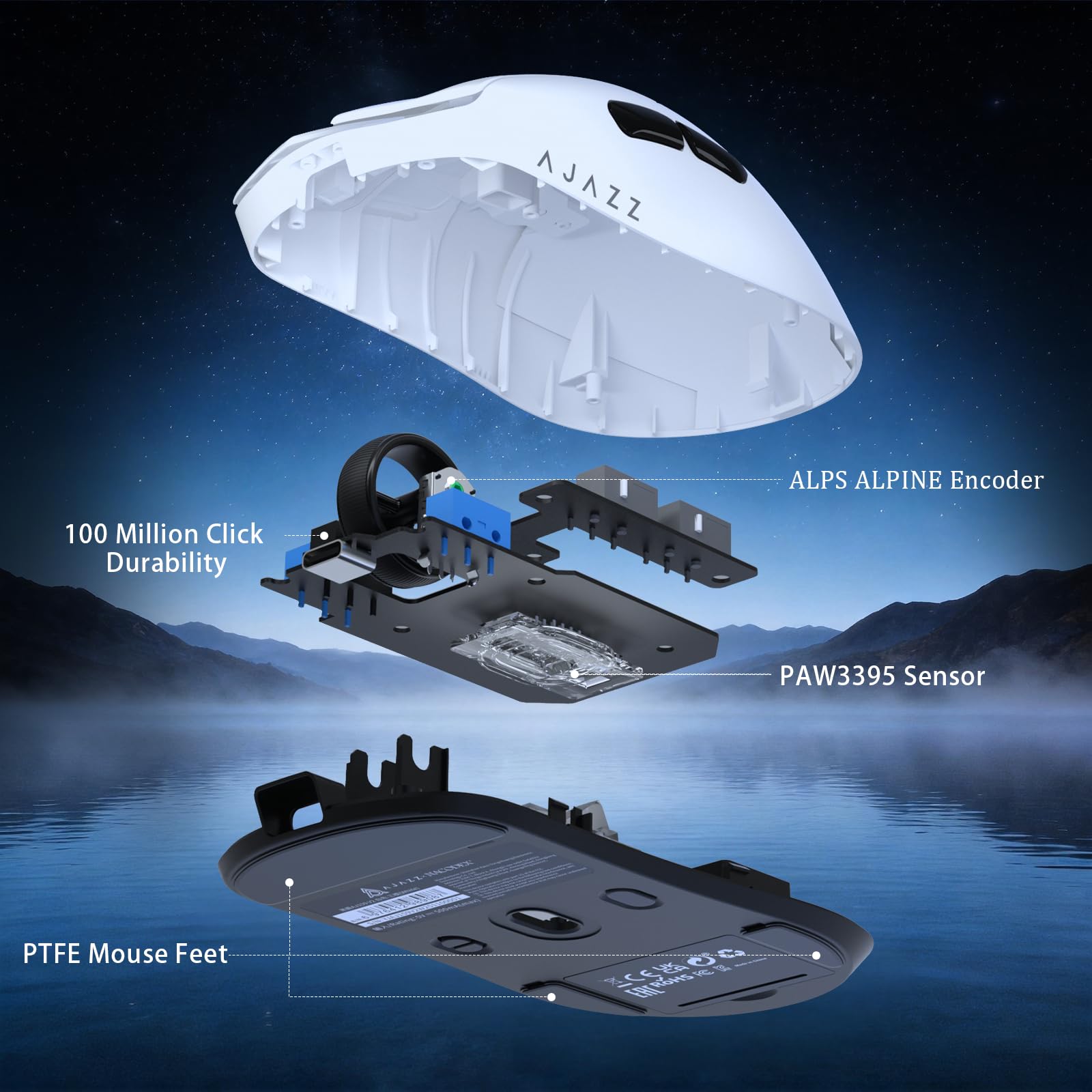 FREEWOLF X AJAZZ AJ159 V2 Ratón Gaming Inalámbrico, Batería Hot Swap, Triple Modo (2.4G/Bluetooth/Cableado), Sensor PAW3395, Ultraligero 54 g, hasta 32000 dpi, Tasa de Sondeo 1000Hz