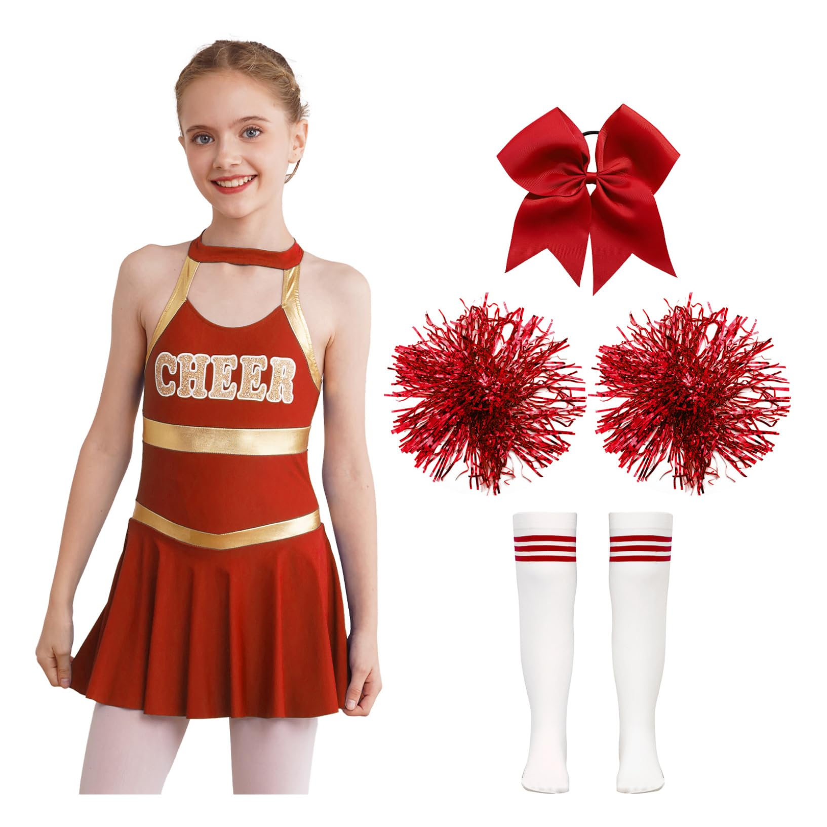 Kaerm Cheer Leader Costume for Girls Festival Cheerleading Outfits Halloween Carnival Party Fancy Dress Up A Red 7-8 Years