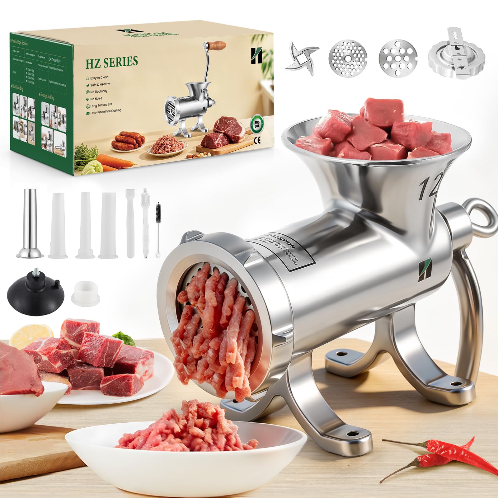 Huanyu Picadora de carne de acero inoxidable con relleno de salchichas y accesorio para galletas, apto para lavavajillas, para carne de vacuno, cerdo y verduras, picadora de carne (n.º 12)
